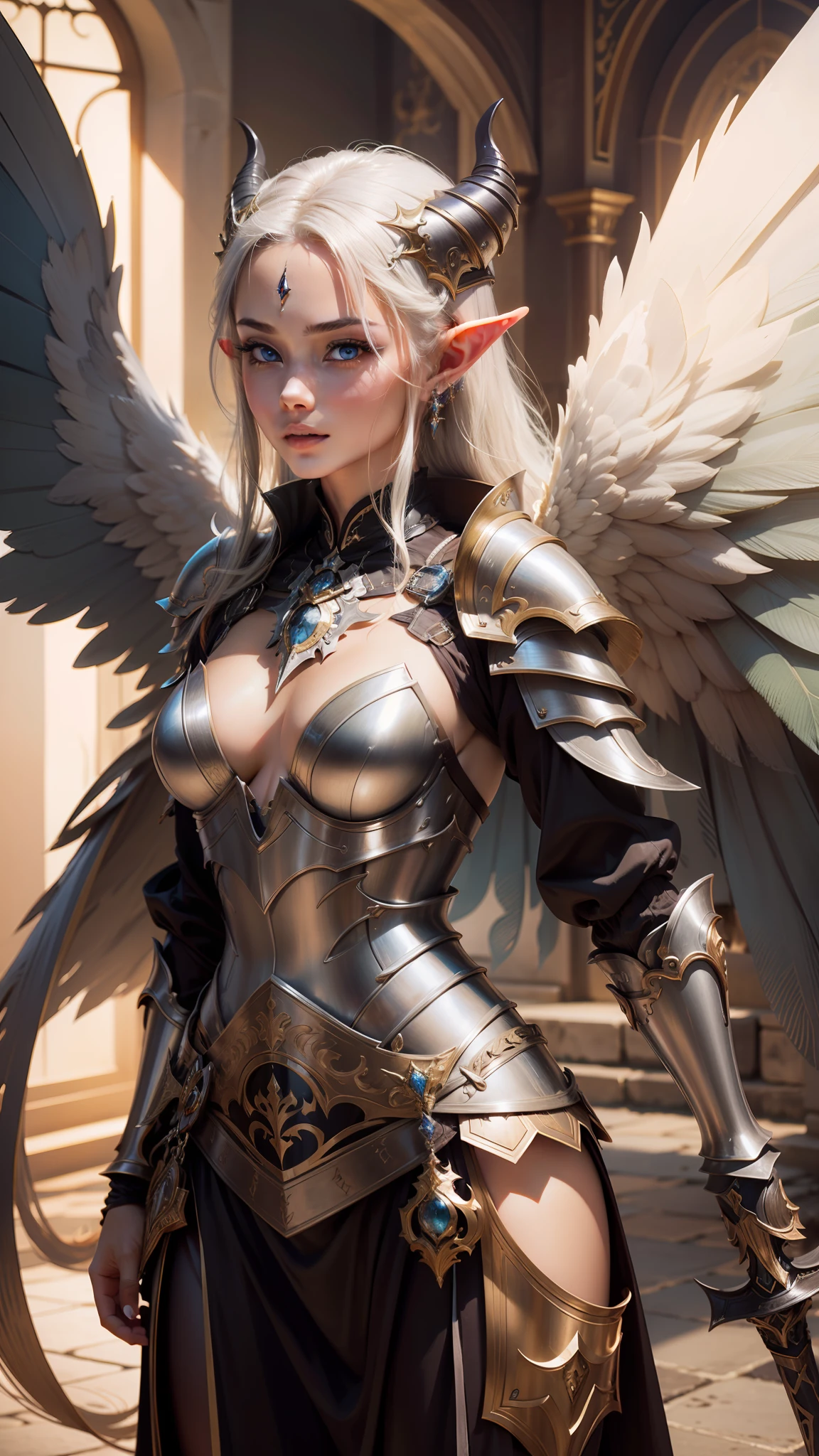 1 rapariga, tmasterpiece, Best quality at best, Realistis, Realiy, seductiv , mesmerizing eyes, (Pubic Area Showing),Raised sexy,White gold armor,,realskin,Charming girl,k hd,Armed with a platinum magic sword,ears of elf,k hd,delicated face,Royal Sister,Cold and glamorous