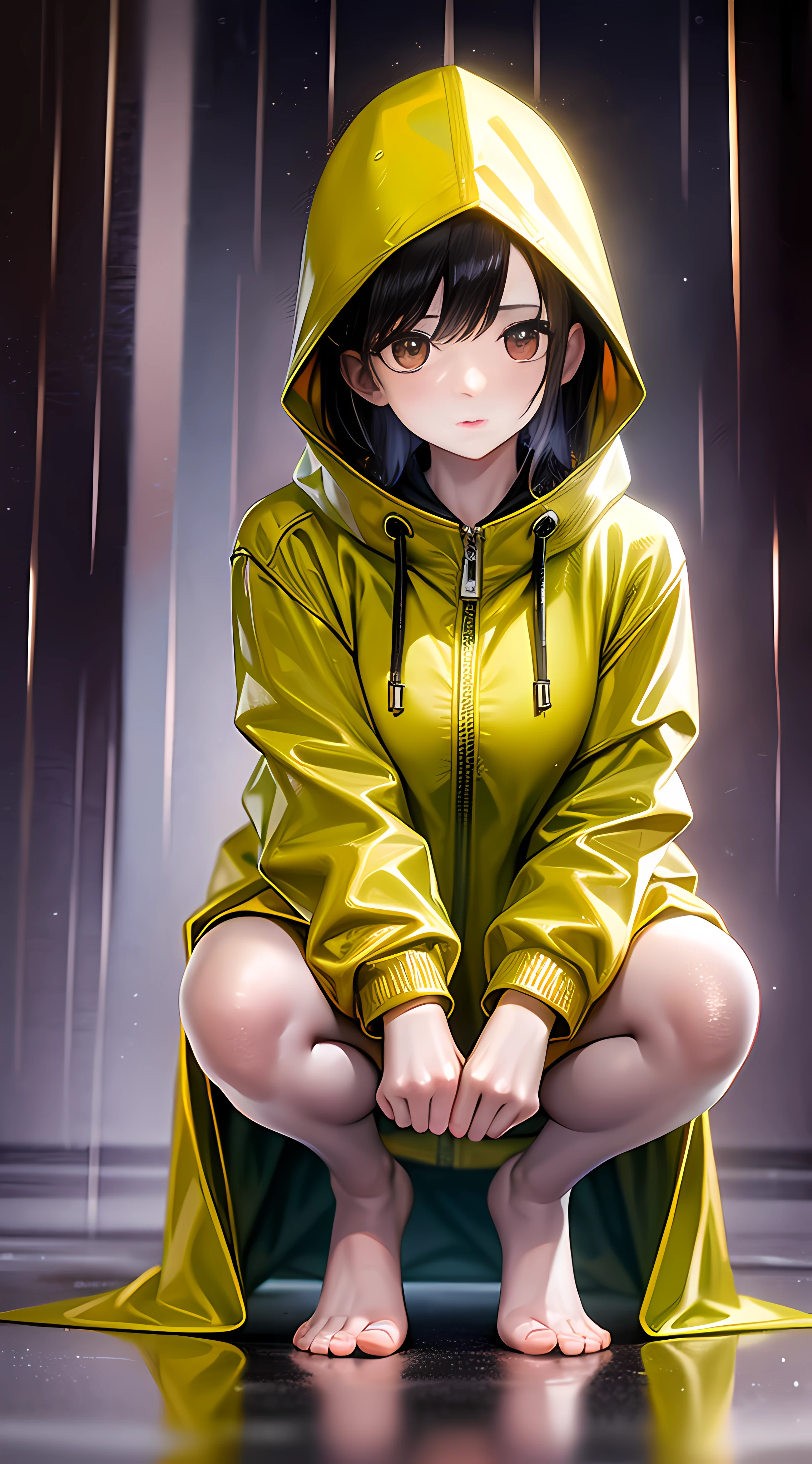 Girl in a yellow cropped raincoat,Raincoat hood to cover face,full body pov,Squat position,Barefoot,Accentuate the texture of raincoats and gelcoats,Accentuates the translucent texture of the raincoat