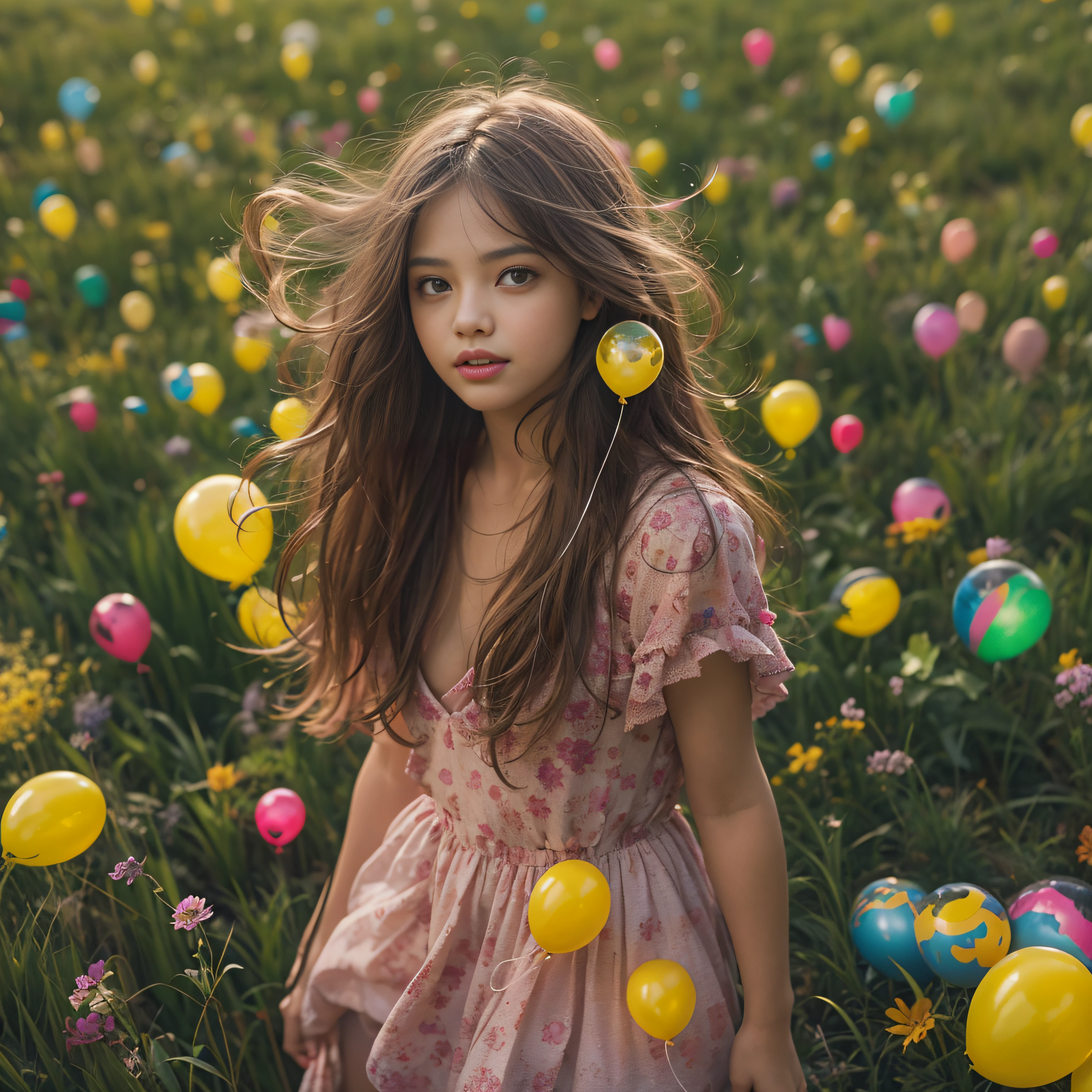 A 12-year-old girl holds flowers，There are colorful balloons floating in the sky，grassy fields,Dance,Holding flowers，cabelos preto e longos，cheerfulness，Rejoice，Perfect quality，Clear focus（Clutter - home：0.8）， （tmasterpiece：1.2） （realisticlying：1.2） （Bokeh） （best qualtiy） （detailedskin：1.3） （complexdetails） （8K） （detailedeyes） （Sharp focus）,（having fun）closeup cleavage