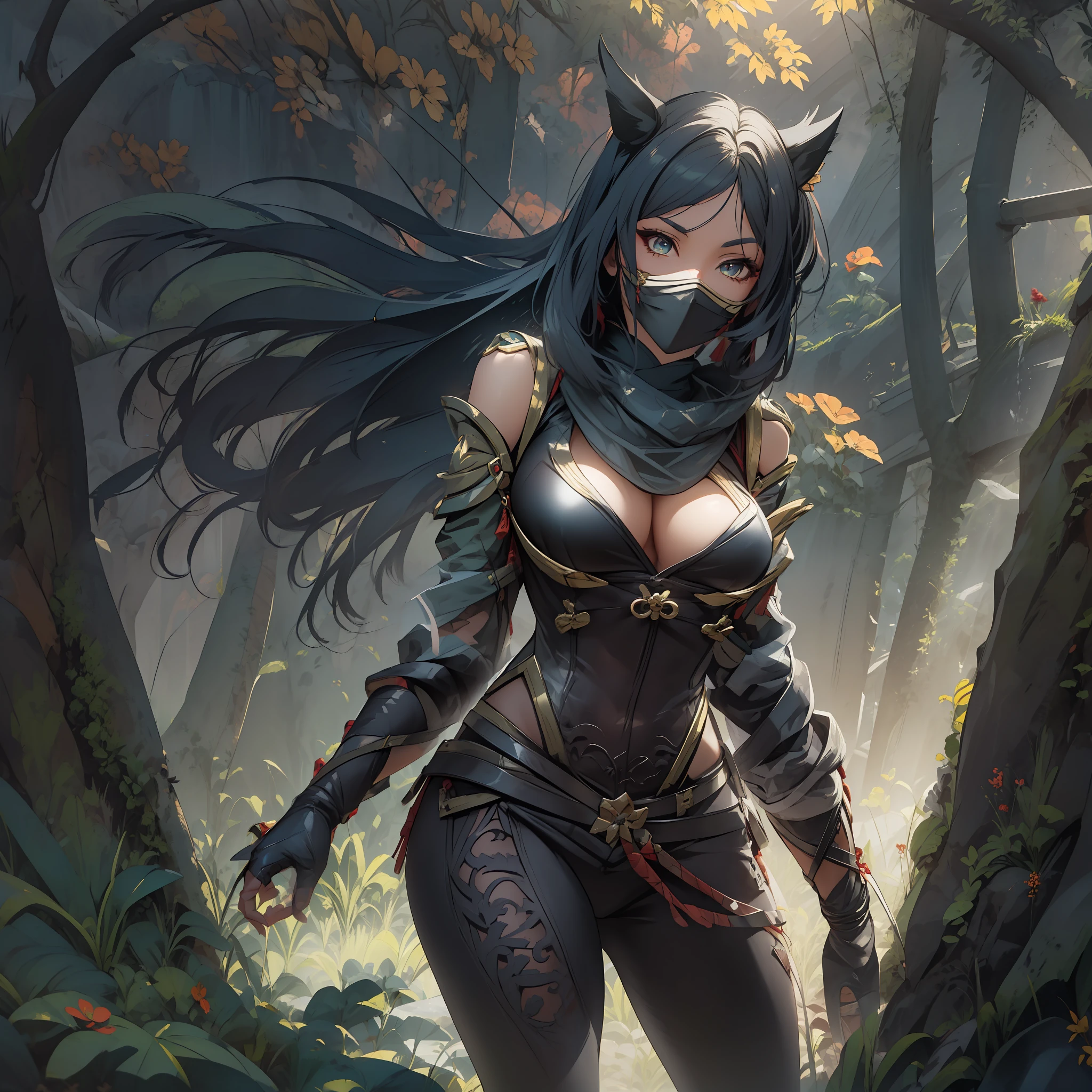 (masterpiece: 1.2), (best quality: 1.2), (highly detailed: 1.3), (intricate detail), highres, best illustration, perfect lighting, forest, warm colors, sunlight, sunrays in forest, warrior monsters, wind breeze, full body, full body shot, perfect face details, detailed eyes, detailed background, realistic photo, (sharp focus: 1.2), ((looking at camera: 1.2)), solo, 1 girl, ninja woman, oni mask ninja, mouth mask, perfect human anatomy, perfect legs, perfect arms, perfect face, ((realistic hands: 1.3)) long platinum hair, crown braid in hair, female clothing, sexy ninja outfit, little armor, leather skirt, feel garter, black gloves with gold accents, flashy neckline, seductive appearance, sexy body lines, human hands, attractive female body, (stylish and sexy ninja uniform: 1.2), female boot, hard , woman with closed mouth, green iris, looking at viewer, perfect lighting, epic realism