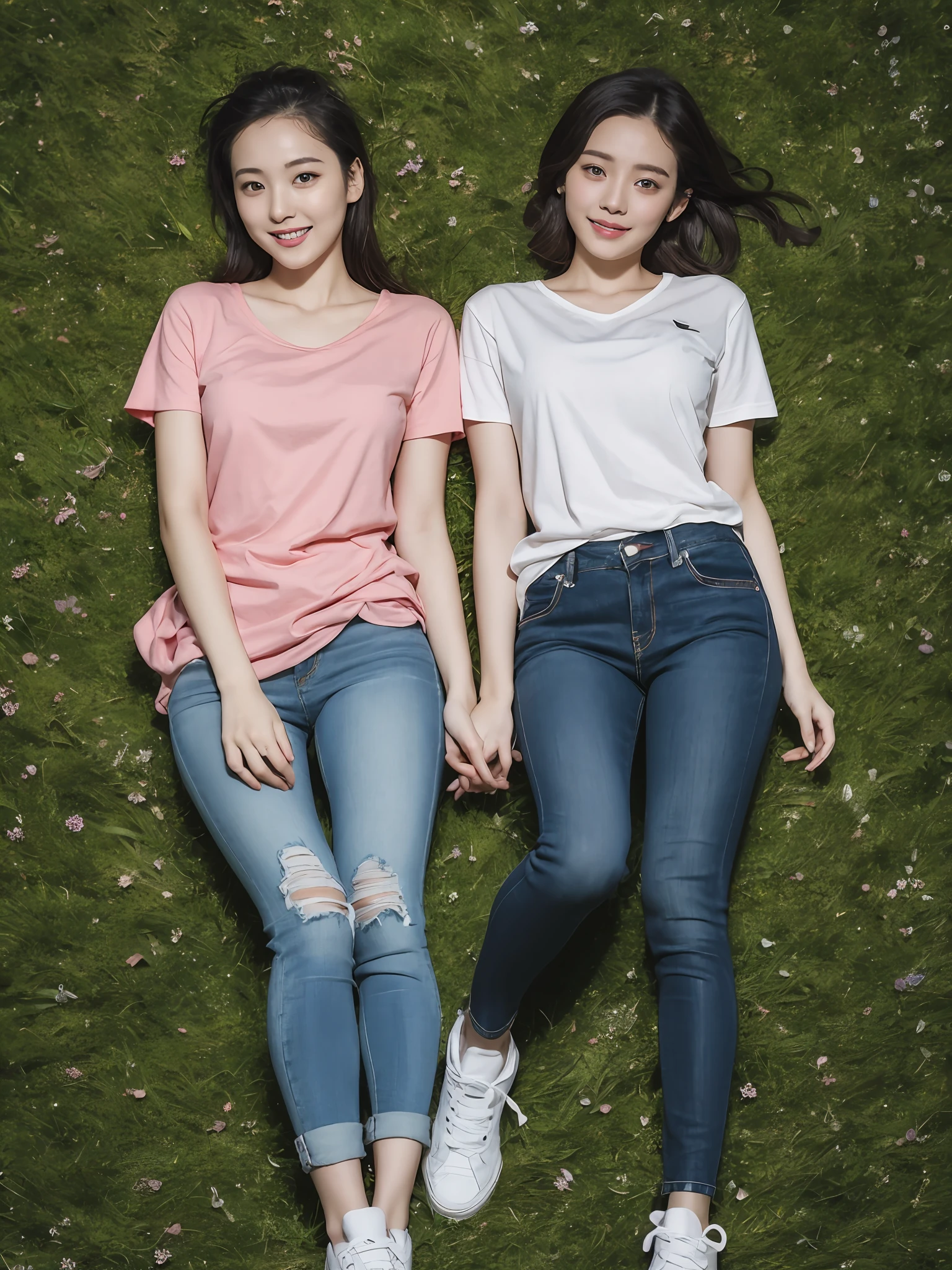 (超高分辨率,RAW photogr,realisticlying,tmasterpiece,best qualtiy:1.4),Complicated details,3个女孩,3 20 year old Korean girl,Wear a loose black T-shirt and skinny jeans,Stand on the grass and take pictures,hugs,Intimate relationships,Detailed meadow,A sweet smile on a small face,Ultra-realistic facial details,The face and skin are pink and white, and luminous,Playful and coquettish pose,The calves are straight and slender:1.2,Wear high-end brand sneakers:1.0,eventide:0.3,Broad lighting,naturalshadow:1.0,超高分辨率,taking a full body photo:1.8 --auto