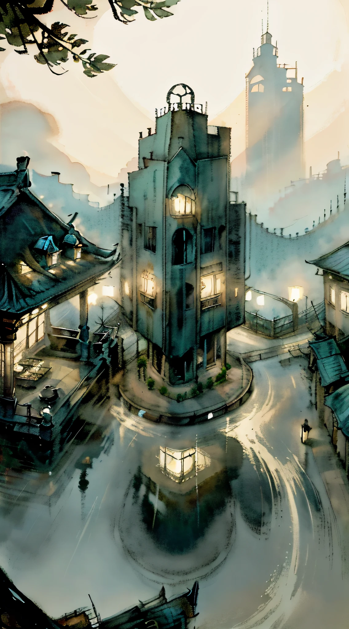 (The picture quality is beautiful)Talk about it、Rakshasa Sea City、Wonderful illustration with irony。(Aesthetic style)The streets are brightly lit,It presents a mysterious and eerie atmosphere。(Situational depiction)The building in the background is quaint and dilapidated,The desolate streets are filled with an eerie atmosphere,People can't help but feel a tense and strange atmosphere