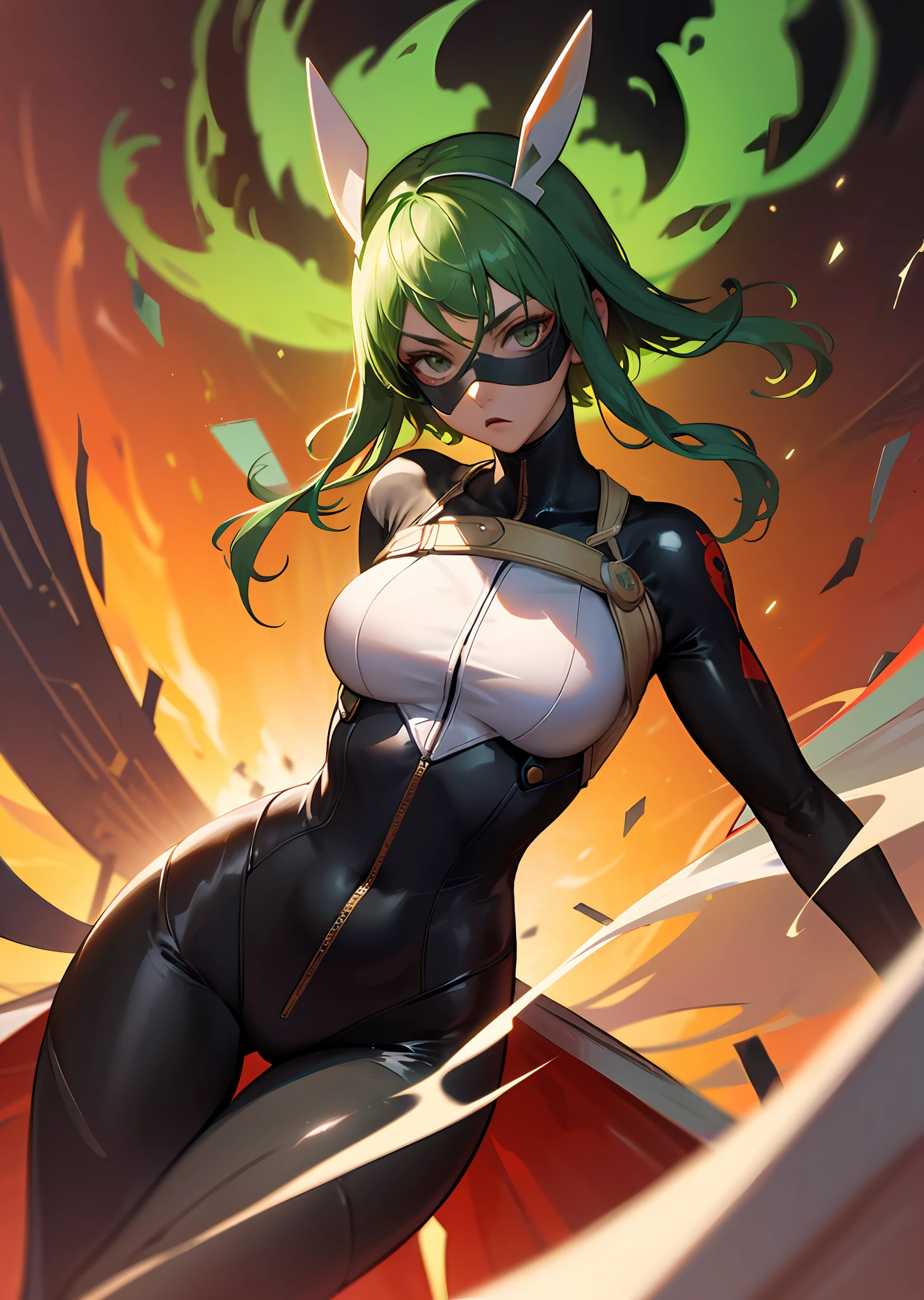 (masutepiece), Best Quality, High resolution, Ultra-detailed, Vivid texture, Mask、Stand up to the powerful, A tight bodysuit that emphasizes her gorgeous figure, Dynamic lighting, greenr/Black contrast, cinematic view, intense emotion, Immersive experience, timeless beauty, Breathtaking.