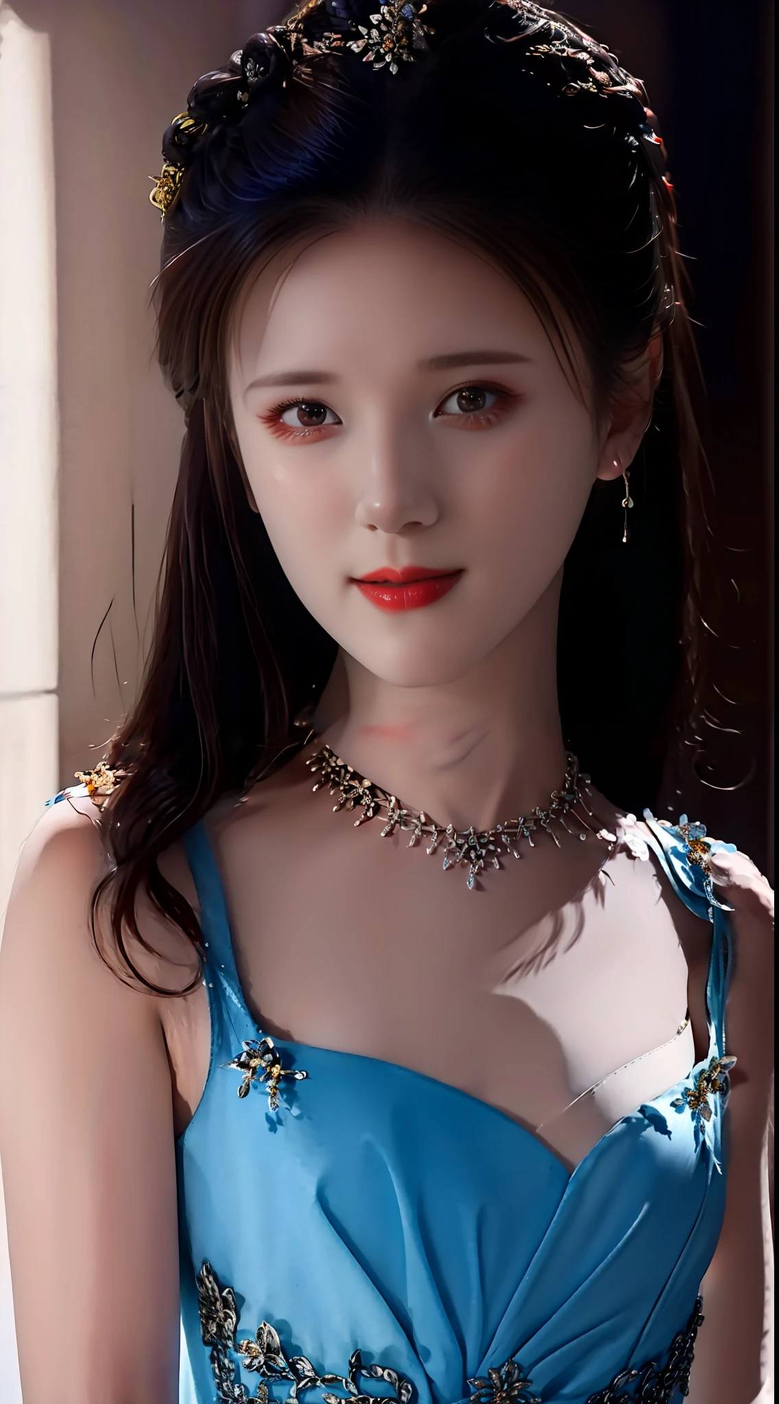 best quality, masterpiece, highres, 1girl,china dress,hair ornament,necklace, jewelry,Beautiful face,upon_body, tyndall effect,photorealistic, dark studio, rim lighting, two tone lighting,(high detailed skin:1.2), 8k uhd, dslr, soft lighting, high quality, volumetric lighting, candid, Photograph, high resolution, 4k, 8k, Bokeh, blonde hair,