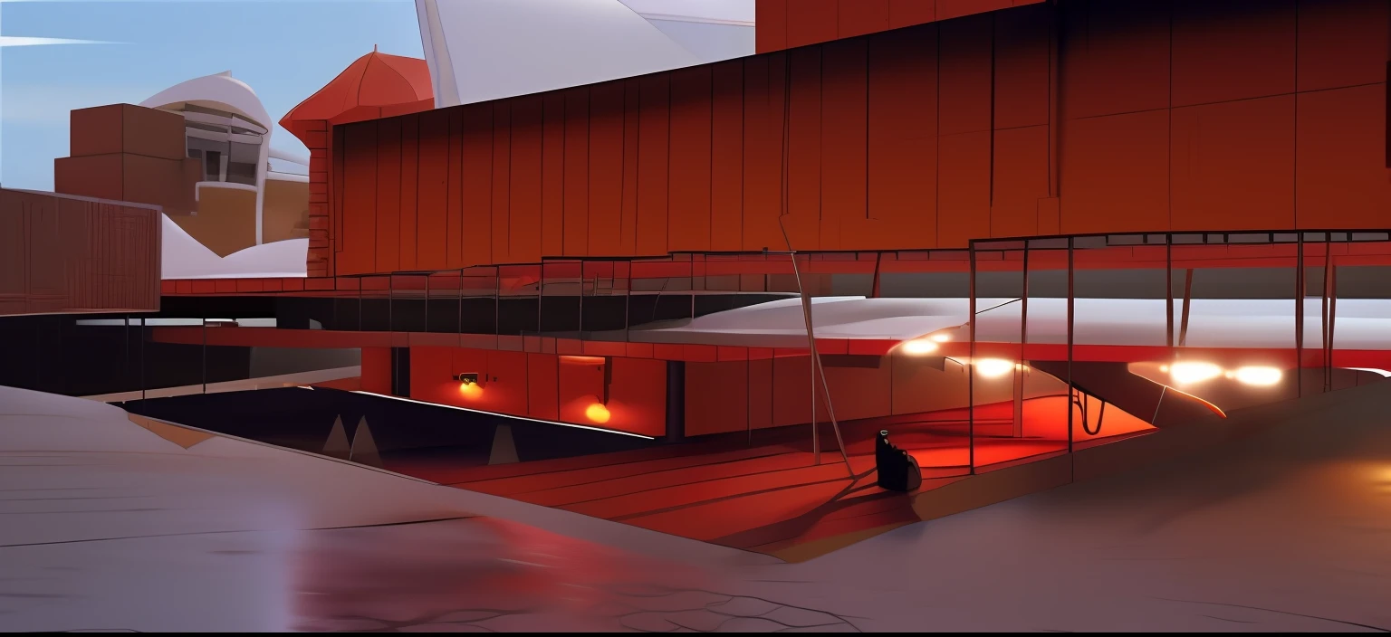 illustration of a drawing of a building with a lot of red umbrellas, artistic impression, concept drawing, artists impression, concept illustration, ground-level view, ground - level view, conceptual rendering, from street level, ground level view, artist impression, architectural illustration, colorful architectural drawing, rendering of beauty pageant, view from ground level, perspective view, stylised illustration