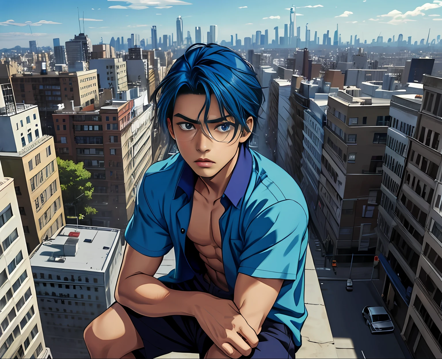 cabelo color azul,sin camisa, cabello lacio, 15-year-old boy, mestizo sin  ropa dorso descubierto cabello de color azul, ojos azules , mira ala ciudad, Anime image of a 15-year-old man on top of a building in New York , esta mirando triste desconcertado la ciudad, desde lo alto de una escuala., cabello azul rostro mestizo, ojos azules,sin camisa atuendo tribal egipcio, egipcia antigua mirando desde lo alto de una escuela secundaria a una ciudad triste muy lejana , , Screenshot of anime movie