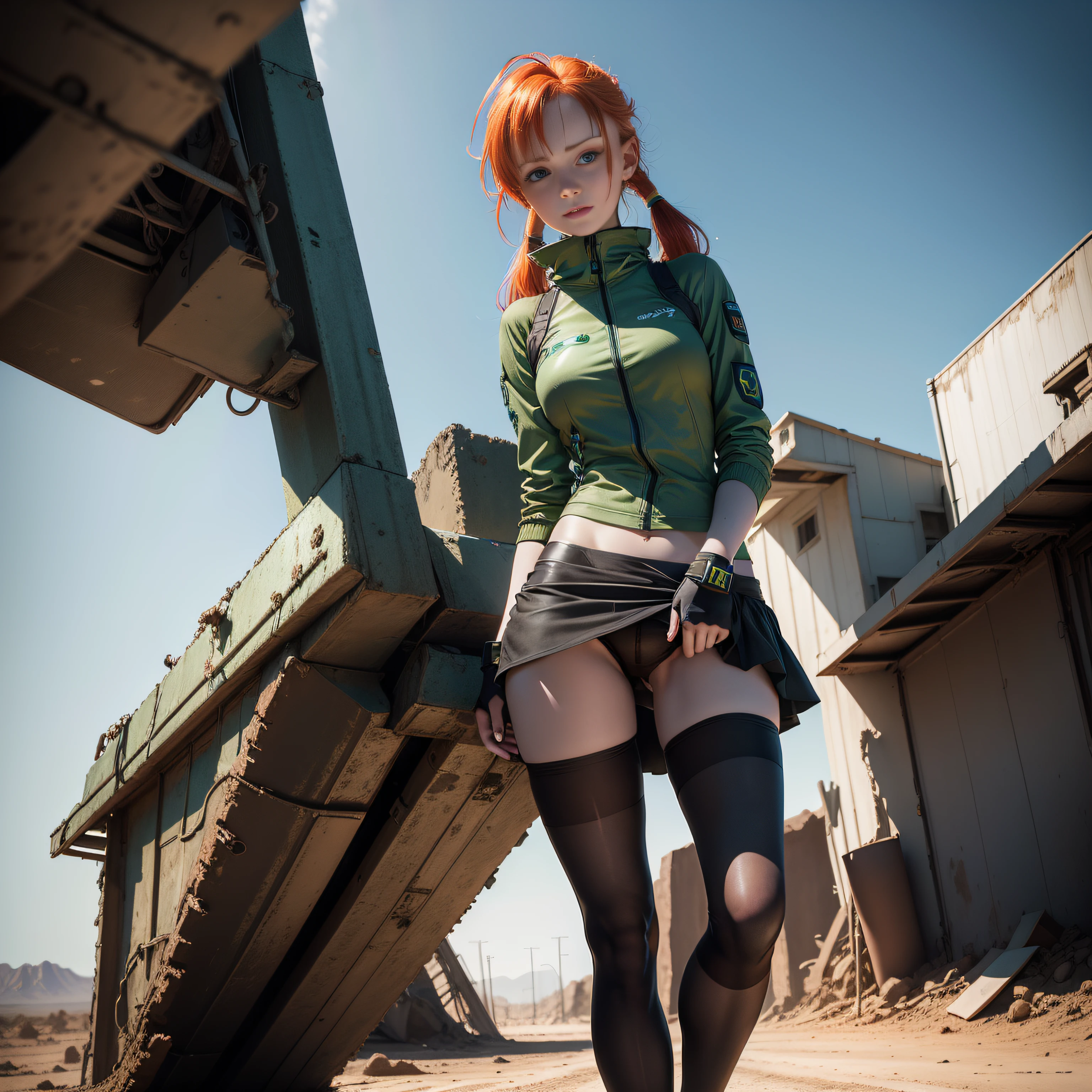 cute redhead woman in twin tails, multiple rainbow colored hair, sky-blue eyes, happy, Ukrainian, petite, pale skin, wearing a green metallic color bikini, ((black hose on legs)), post apocalyptic background, bleak barren desert, photo realistic woman, only one woman in frame.