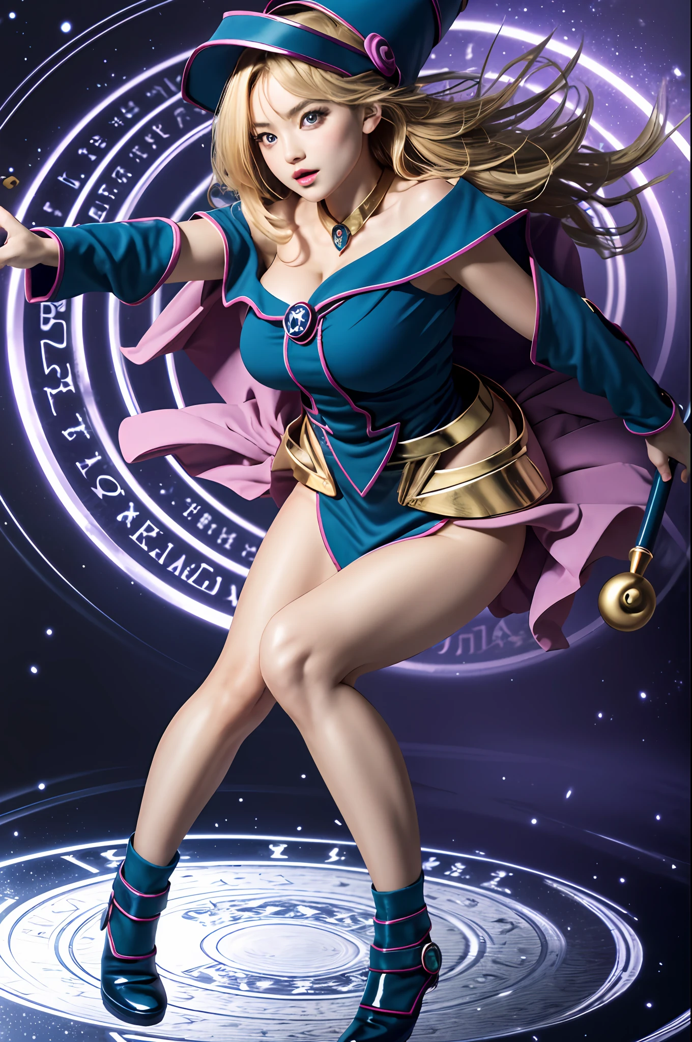 ultra-detailed, extremely detailed, masterpiece, highest quality, best quality, absurdres, highres, dark magician girl, (1girl:1.2), solo, detailed face, dynamic pose, hair flow, (full body:1.1),  blonde hair, long hair, looking at viewer, green eyes, skindentation, detailed skin, skin pores, (shiny skin, glossy skin:1.1), rosy skin details, breasts, nail polish, skirt, blue footwear, blue headwear, wizard hat, wand, holding hat, (blue panties:0.9), (summoning circle:1.1), hexagram, pentacle, pentagram, yu-gi-oh!, duel monster, purple magic field, glow, detailed background, intricate background,