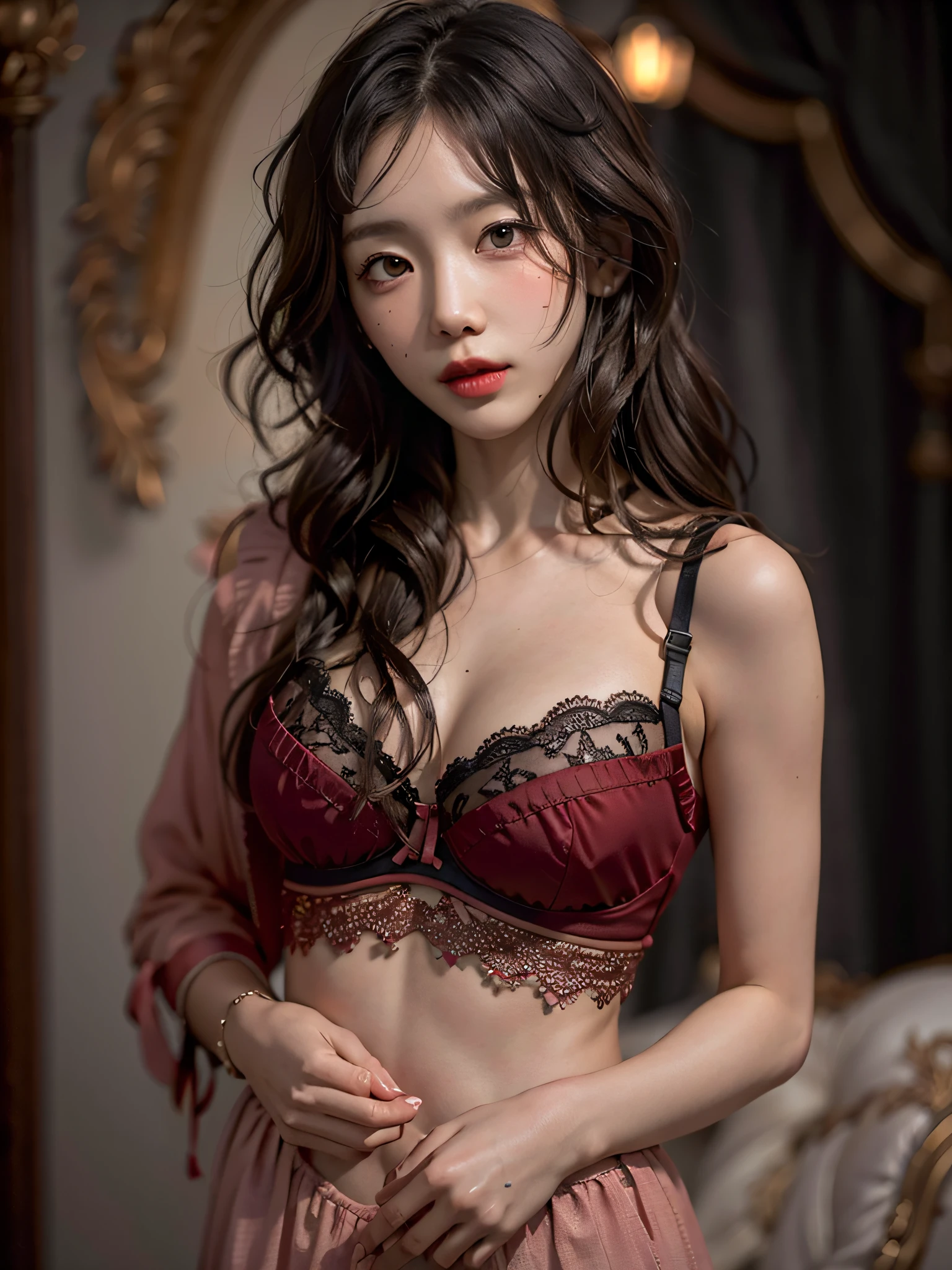 film photography, 1girl, lace red and black bra, medium breast, full body, drunk blush, wavy shoulder-length hair, serene, calm, (realistic detailed eyes, natural skin texture, realistic face details), soft dramatic lighting, depth of field, bokeh, vibrant details, finely detailed, hyperrealistic