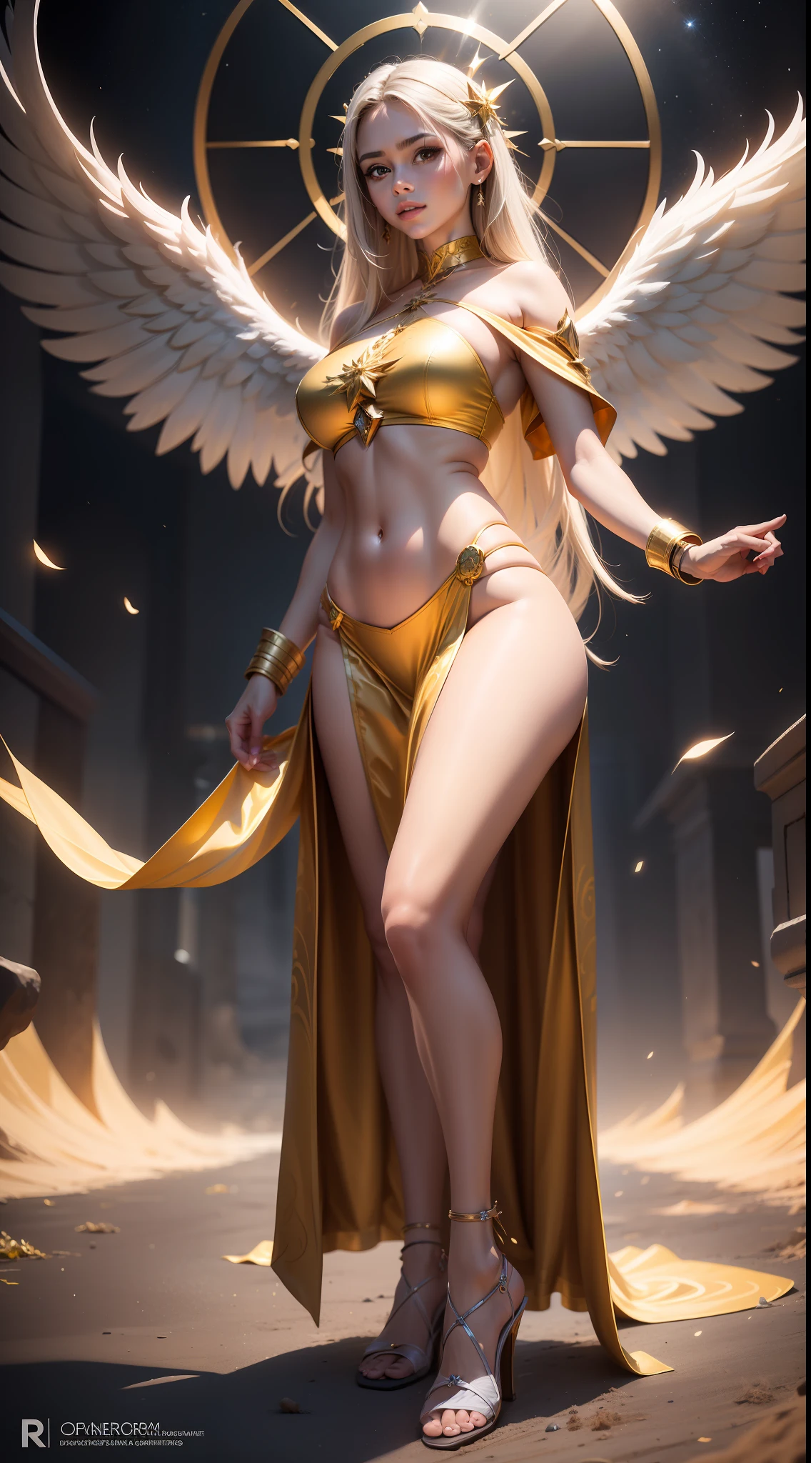 1 valkiria girl, anjo alado, obra-prima: 1.2, melhor qualidade, Ultra Detalhado, Awesome: 1.1, papel de parede extremamente detalhado da unidade CG 8k, 8k, Foto RAW, realista, fotorrealismo: 1.4, renderizado: 1.4, ultra realismo, High-resolution, NVIDIA RTX Ray Tracing, imagem de corpo inteiro, ((dois pares de grandes asas angelicais saem de suas costas)), flying in sky, leve sorriso, olhando para o espectador, sexual excitement, olhos azuis, impetriz sol, rosto maduro, corpo atletico, pele detalhada, corpo maduro, corpo alto, corpo sedutor, corpo perfeito, quadris largos, defined abdomen, thick legs with defined muscles, seios grandes empinados, goose bumps, pele parda, pele com leve brilho de suor, dinamic pose, roupas de seda branca transparente, (pose sexy), Dynamic camera angle, perfectly proportions, rosto humano extremamente detalhado, nitidez no rosto, longos cabelos prateados, capuz branco com detalhes dourados, Golden sandals with high heels, braceletes dourados, roupas detalhadas BREAK, ruinas gregas ao fundos, segurando apenas um cetro de sol longo e grosso, raios solares altamente saturantes saem do cetro, Holy Ceremony, halo angelical, golden and orange spark dazzling around, Sacred Magic Circle, coroa dourada, golden magic lightning, ombreiras douradas, joias de ouro, metal dourado, quan, ban, noite escura ao fundo, nuvens, noite escura, deep dark starry sky, lua cheia, raios da lua, estrelas cadentes, diffuse lighting, fantasia, intrincado, elegante, altamente detalhado, realista, fotorrealista, pintura digital, artstation, illustration, arte conceitual, smooth and sharp focus, Mappa studios, render octano, bioluminescente, arte oficial, illustration, ligne claire, (cool_color), perfect compositio, absurdres, fantasia, focado, circunstanciado, intrincado, Foto premiada, BLN-L24, exposure, Alto contraste, 8k 3D, cinematic lighthing.