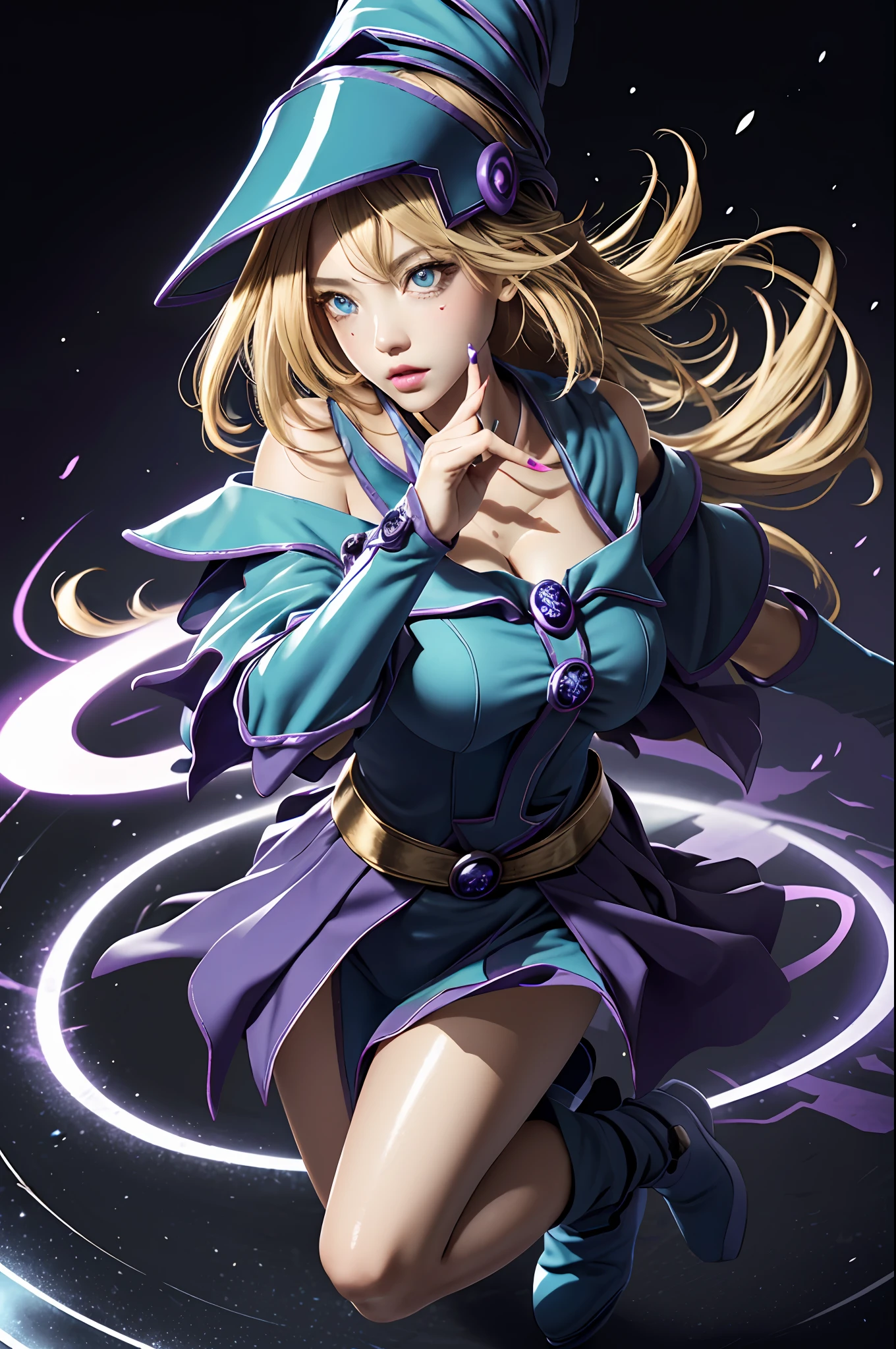 ultra-detailed, extremely detailed, masterpiece, highest quality, best quality, absurdres, highres, dark magician girl, (1girl:1.2), solo, detailed face, dynamic pose, hair flow, (full body:1.1),  blonde hair, long hair, looking at viewer, green eyes, skindentation, detailed skin, skin pores, (shiny skin, glossy skin:1.1), rosy skin details, breasts, nail polish, skirt, blue footwear, blue headwear, wizard hat, wand, holding hat, (blue panties:0.9), (summoning circle:1.1), hexagram, pentacle, pentagram, yu-gi-oh!, duel monster, purple magic field, glow, detailed background, intricate background,