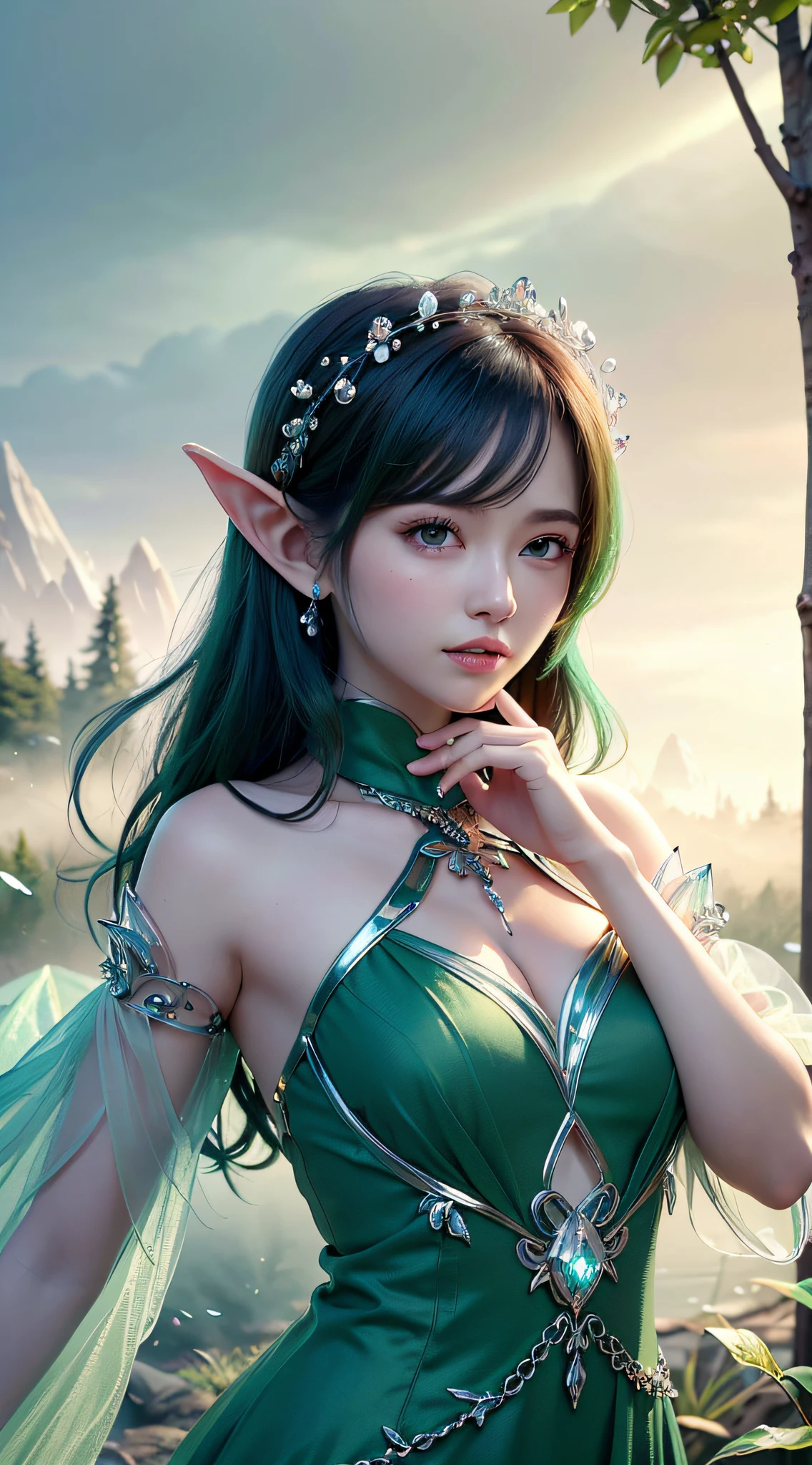 (Masterpiece, Top Quality, Best, Official Art, Beautiful and Aesthetic, Long Exposure: 1.2), Smooth Movement, Charming Patterns, 1 Girl, (Long Dress with Sleeves: 1.3), (((Green Clothes) )), upper body close-up, bare shoulders, Chinese girl, blush, black lob hair, portrait, solo, upper body, looking at the observer, detailed background, detailed face, (crystallineAI, crystalline theme:1.1), elemental wood elf, rotation foliage, control foliage, emerald clothing, dynamic pose, floating particles, ethereal dynamics, foliage, vapor, forest in the background, green tint, forest, ethereal atmosphere,