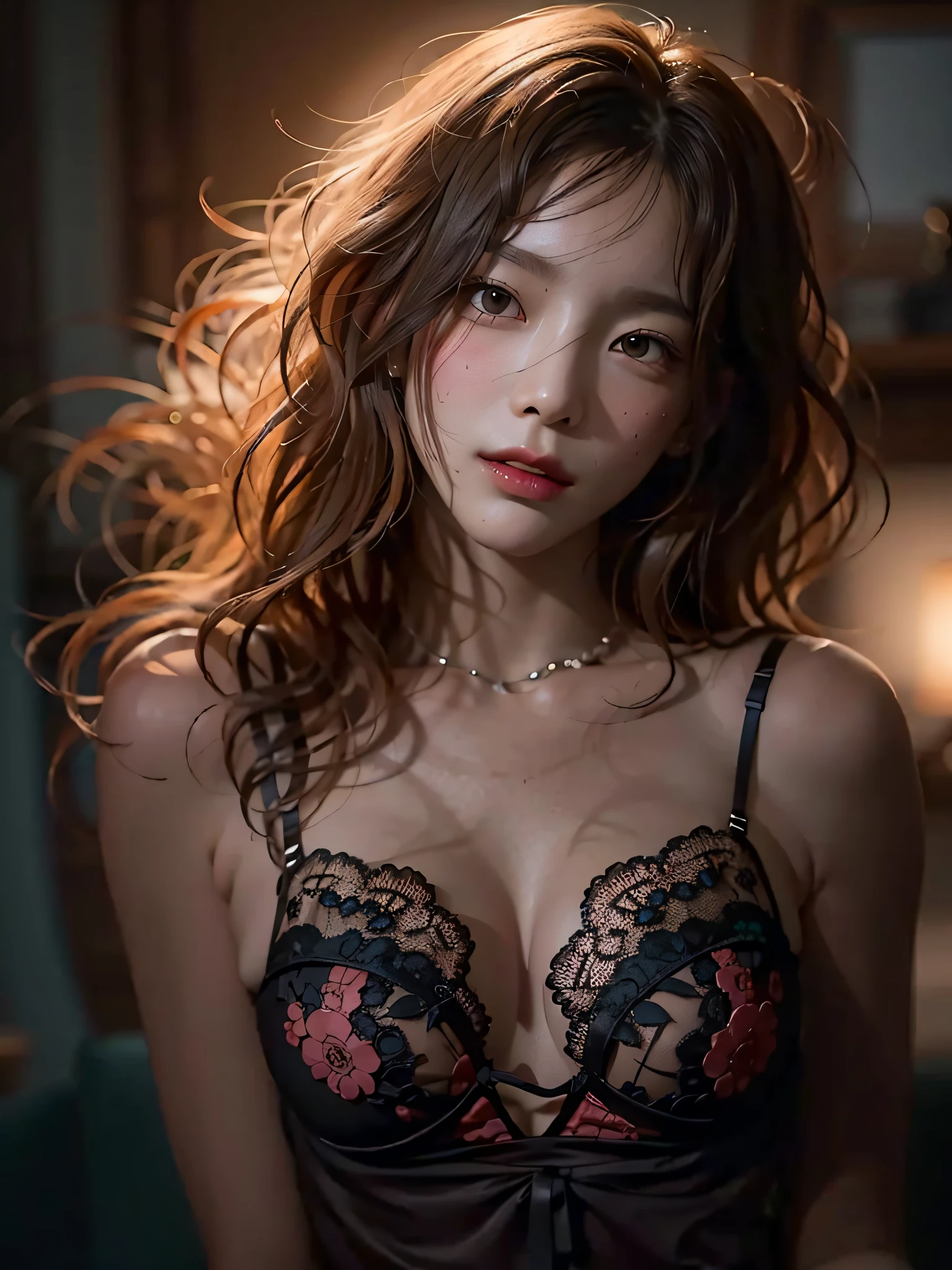 film photography, 1girl, lace red and black bra, medium breast, full body, drunk blush, wavy shoulder-length hair, serene, calm, (realistic detailed eyes, natural skin texture, realistic face details), soft dramatic lighting, depth of field, bokeh, vibrant details, finely detailed, hyperrealistic