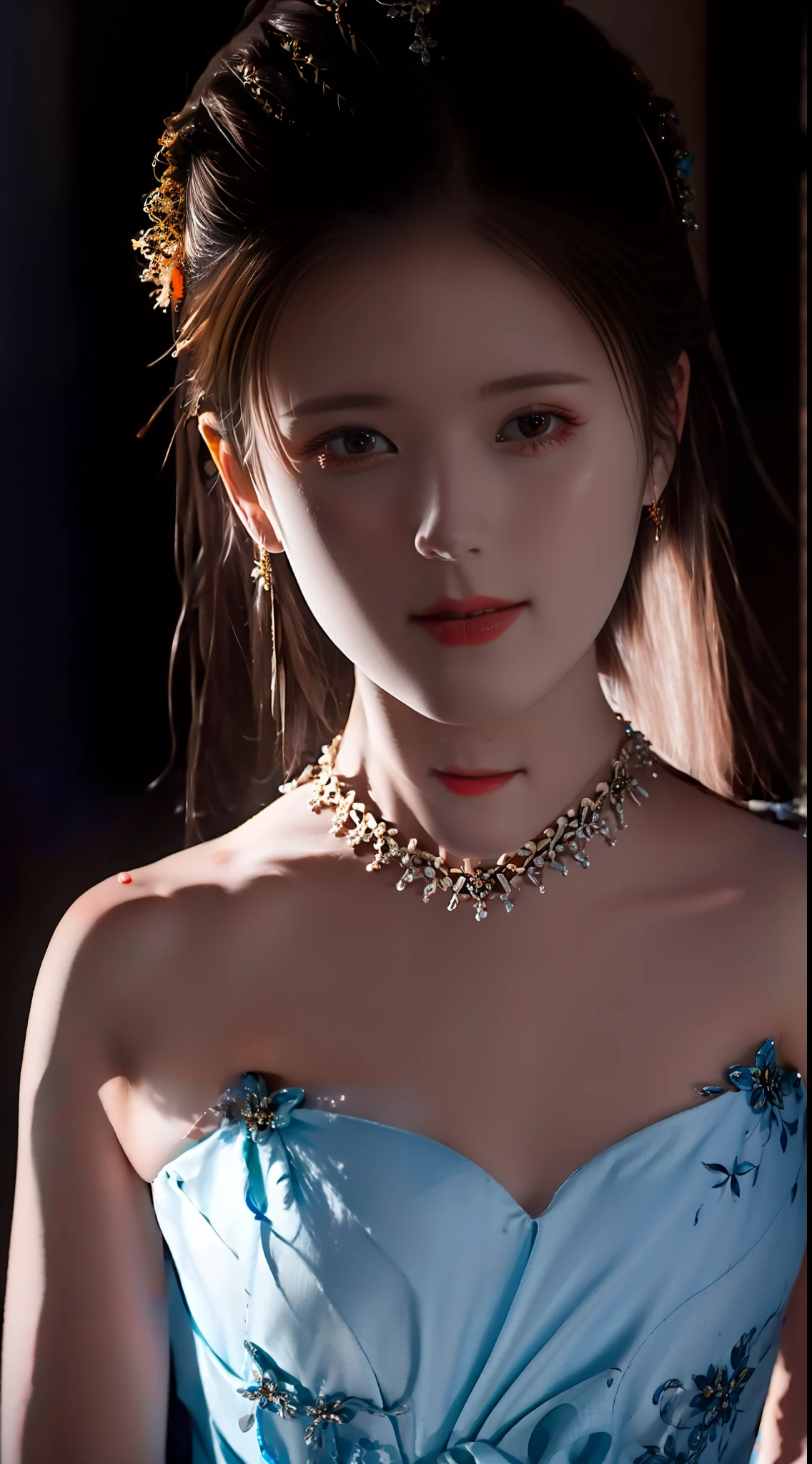 best quality, masterpiece, highres, 1girl,china dress,hair ornament,necklace, jewelry,Beautiful face,upon_body, tyndall effect,photorealistic, dark studio, rim lighting, two tone lighting,(high detailed skin:1.2), 8k uhd, dslr, soft lighting, high quality, volumetric lighting, candid, Photograph, high resolution, 4k, 8k, Bokeh, blonde hair,