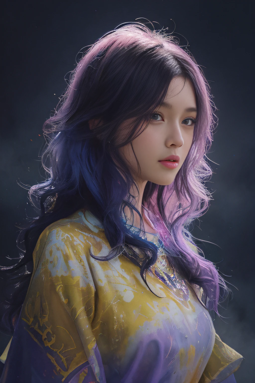 Colorful beautiful girl: a giru 8-years old, messy hair, oil painting, nice perfect face with soft skinice perfect face, blue yellow colors, light purple and violet additions, light red additions, intricate detail, splash screen, 8k resolution, masterpiece, cute face,artstation digital painting smooth veryBlack ink flow: 8k resolution photorealistic masterpiece: intricately detailed fluid gouache painting: by Jean Baptiste Mongue: calligraphy: acrylic: watercolor art, professional photography, natural lighting, volumetric lighting maximalist photoillustration: by marton bobzert:, complex, elegant, expansive, fantastical,  wavy hair, vibrant