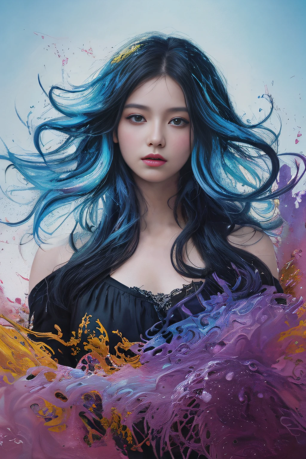 Colorful beautiful girl: a giru 8-, messy hair, oil painting, nice perfect face with soft skinice perfect face, blue yellow colors, light purple and violet additions, light red additions, intricate detail, splash screen, 8k resolution, masterpiece, cute face,artstation digital painting smooth veryBlack ink flow: 8k resolution photorealistic masterpiece: intricately detailed fluid gouache painting: by Jean Baptiste Mongue: calligraphy: acrylic: watercolor art, professional photography, natural lighting, volumetric lighting maximalist photoillustration: by marton bobzert:, complex, elegant, expansive, fantastical,  wavy hair, vibrant