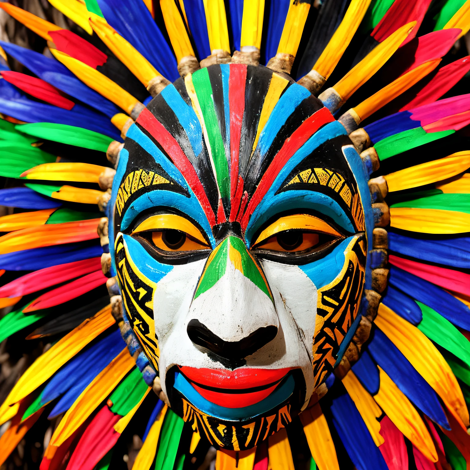 Create a super colorful African tribal mask with lots of details, fundo branco, 8k, melhor qualidade, imagem profissional, sem sombras, cores vivas, imagem realista