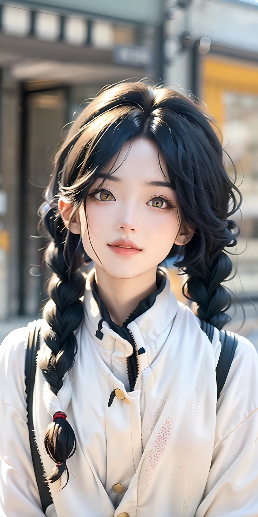 best quality, masterpiece, gold eyes,white clothes, looking up, upper body,hair strand,Fair skin,side braids,black hair