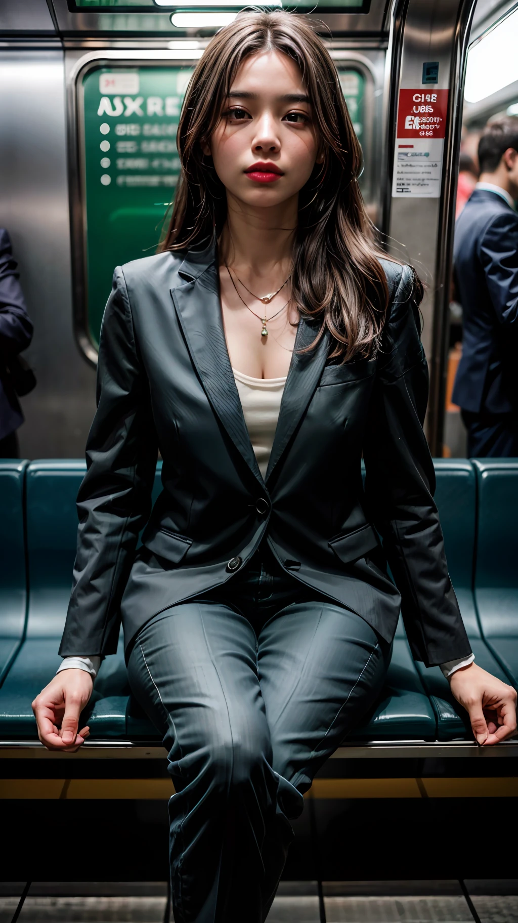 (1girl), solo, latin-girl, long_hair, wearing(green-formal_suit, jewelry), photo(medium-shot), portrait, sitting-poses, pov, blurry_background, background(futuristic-metro_station), (photorealistic, absurdres, best_quality:1.55),