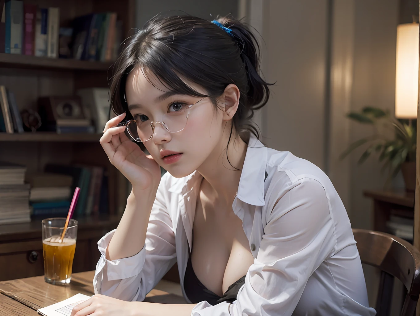 20 yo woman, black hair, short ponytail, thin frame glasses, thinking face, (wearing opened button shirt,medium breasts with cleavage), sitting, studying, BREAK, lying hand on table, holding pencil, opened book, books, a cup off milk, table lamp, BREAK, in living room, wall decor, mini library, glass window, wall clock,BREAK, cinematic light, photorealistic, masterpiece, best quality, complex CG, high detailed face, high detailed eyes,