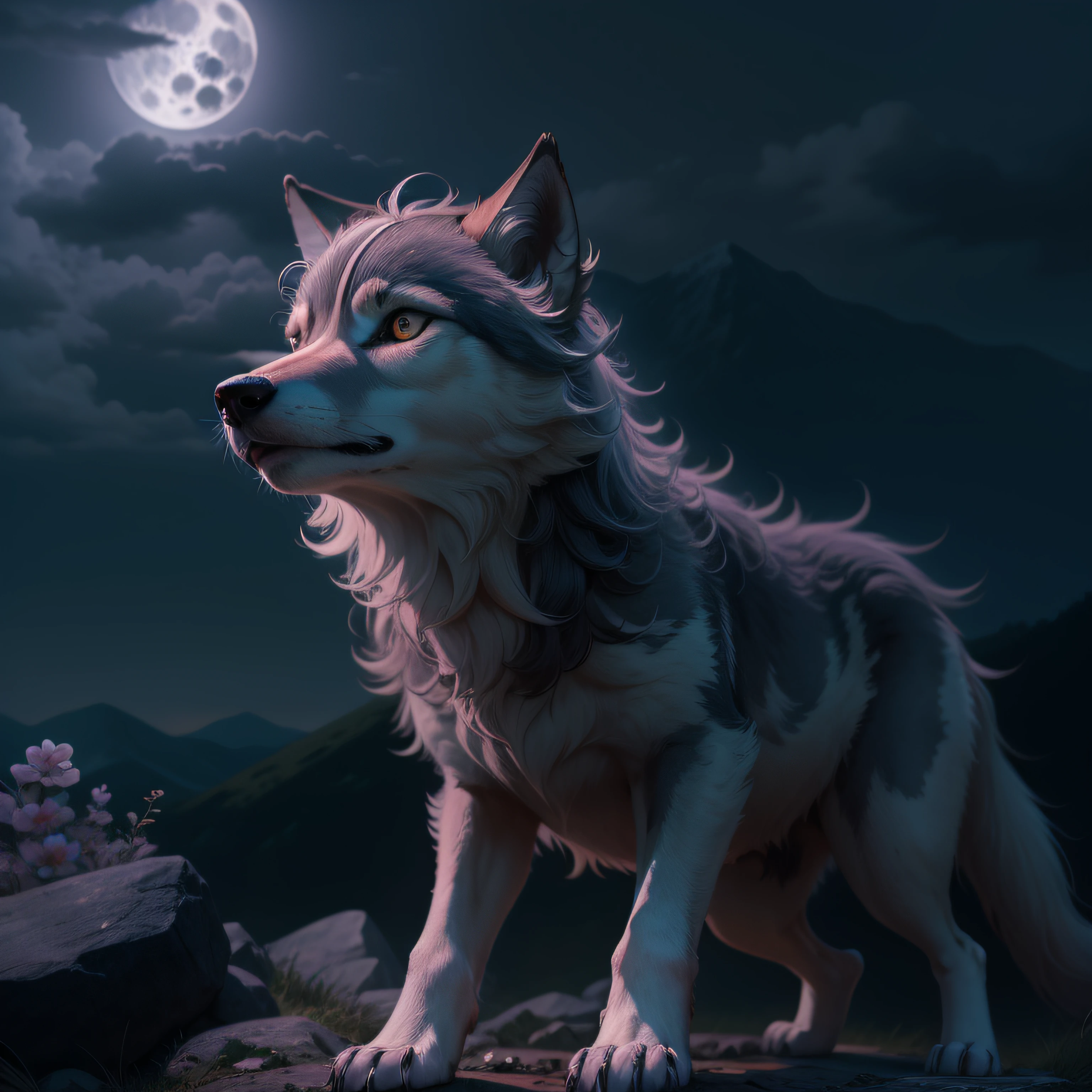 (masterpiece) Introduction and introduction of the main character, Murzik, newborn, a fluffy little, adorable motherless wolf. Ultra detailed, 4k, maximum resolution, background of a full moon, black clouds with lightning, it is on a mountain