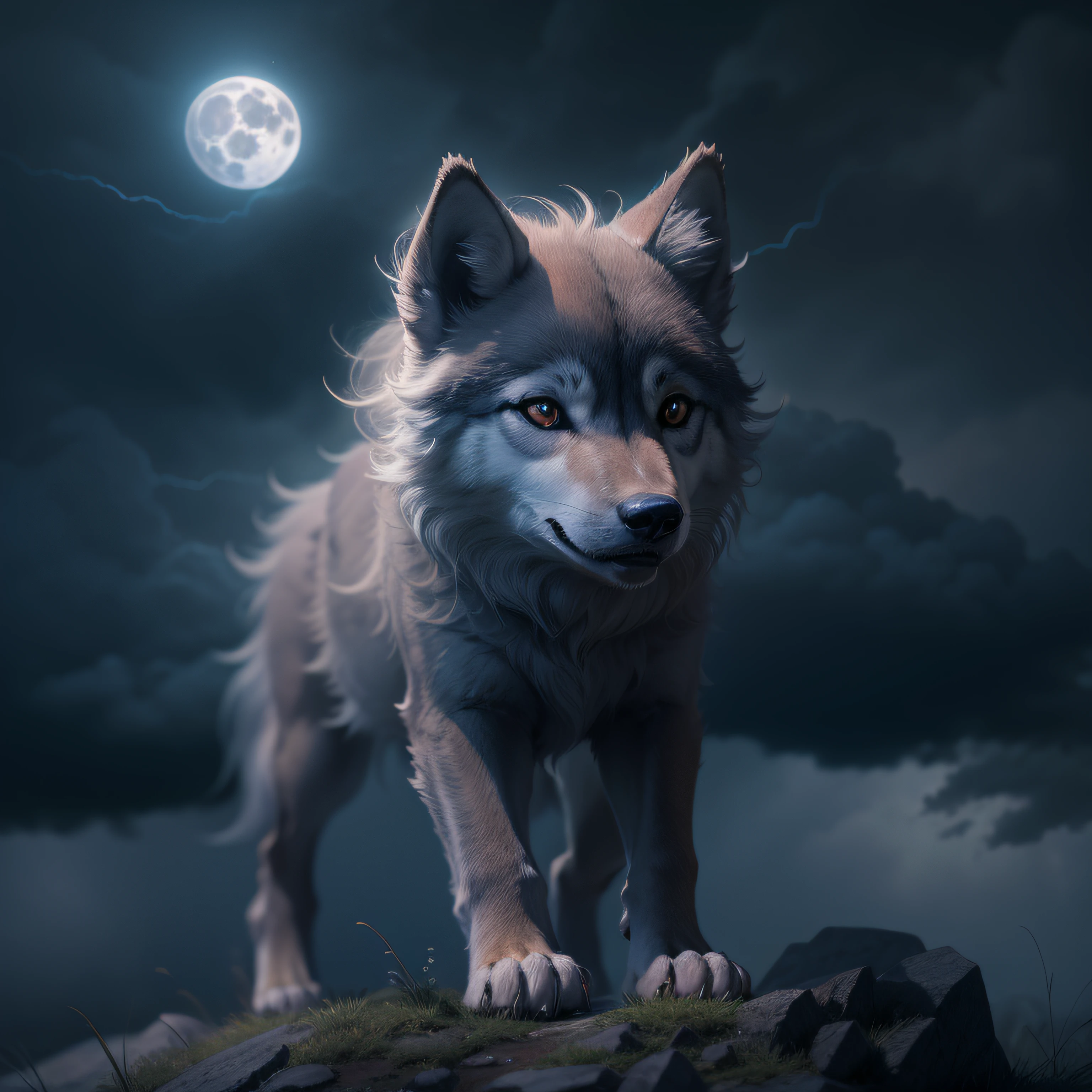 (masterpiece) Introduction and introduction of the main character, Murzik, newborn, a fluffy little, adorable motherless wolf. Ultra detailed, 4k, maximum resolution, background of a full moon, black clouds with lightning, it is on a mountain