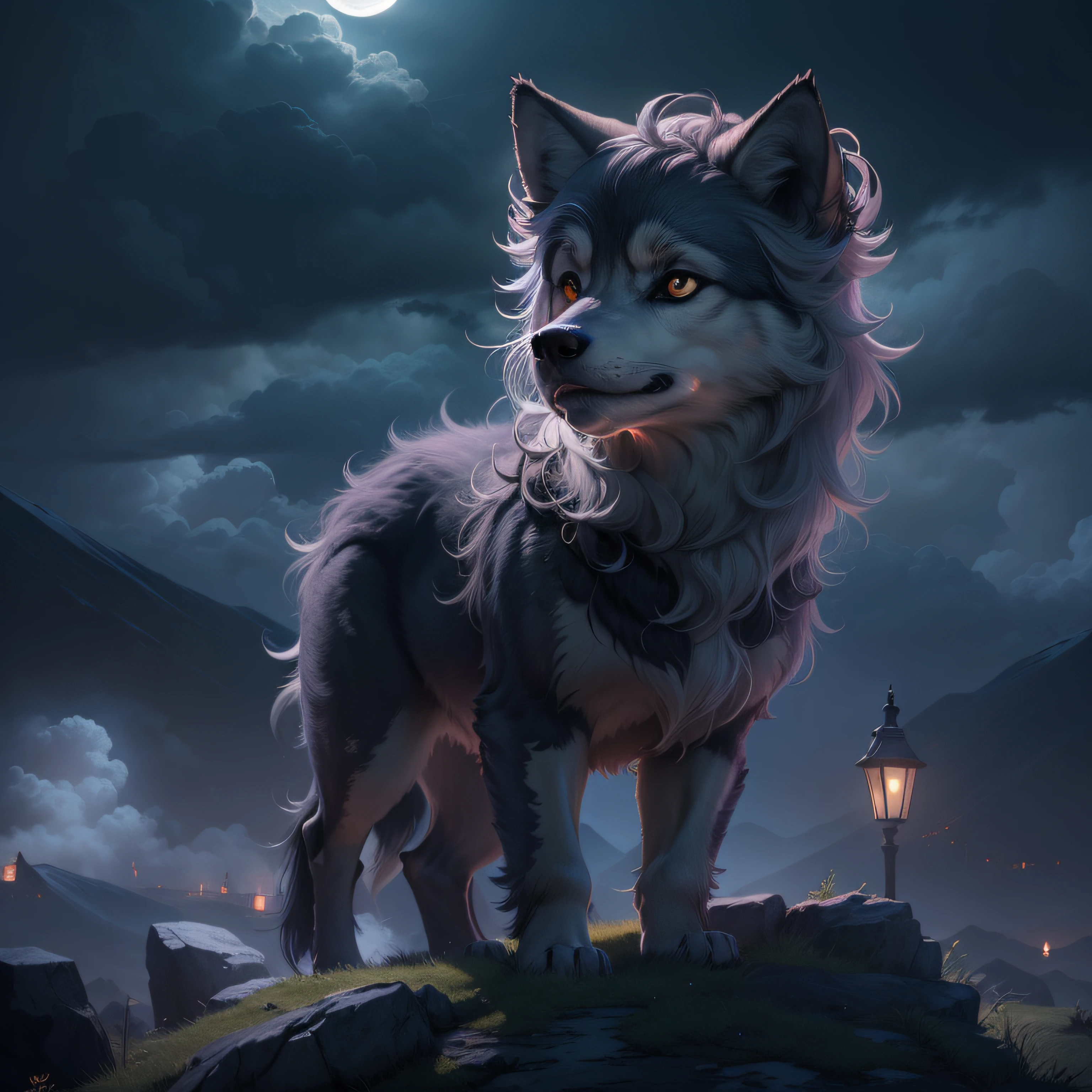 (masterpiece) Introduction and introduction of the main character, Murzik, newborn, a fluffy little, adorable motherless wolf. Ultra detailed, 4k, maximum resolution, background of a full moon, black clouds with lightning, it is on a mountain