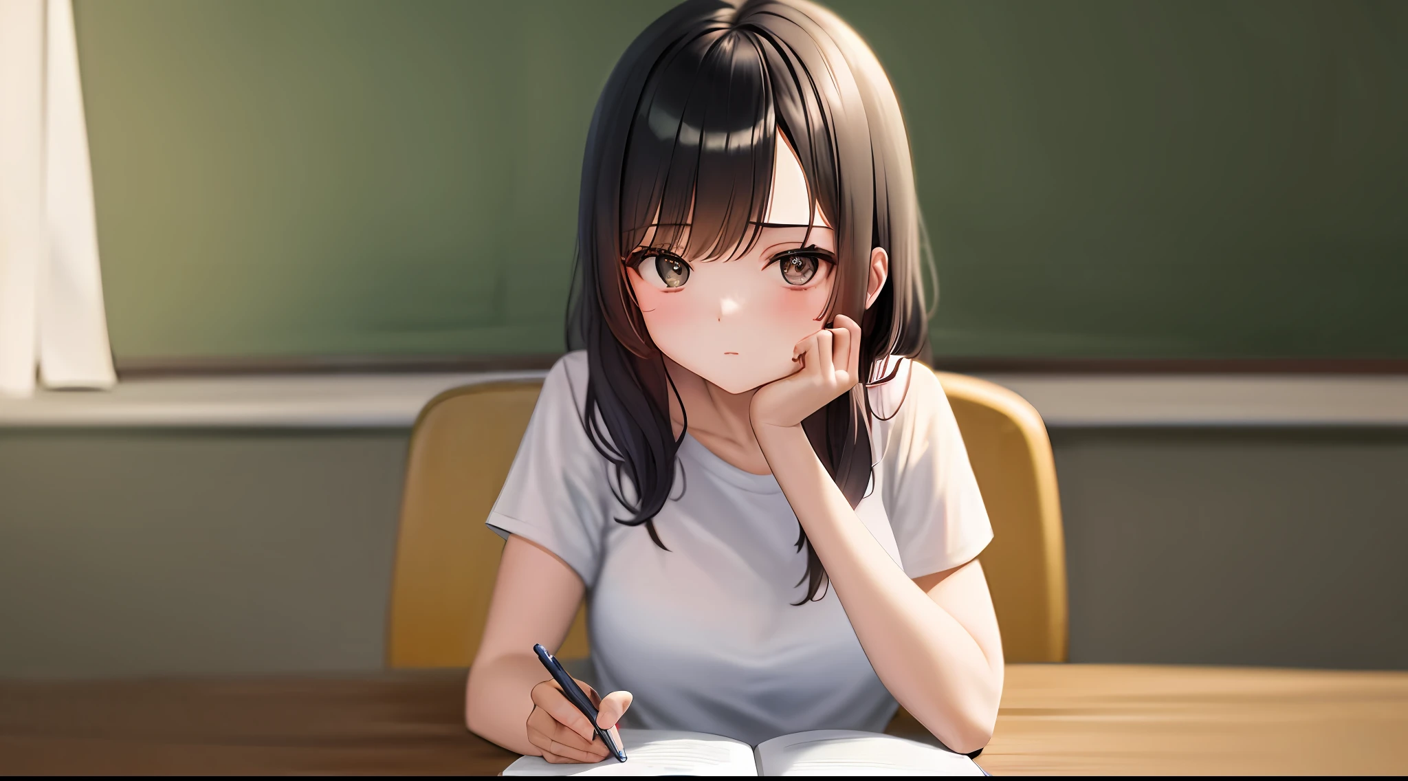 ​masterpiece, top-quality, hight resolution, a 1 girl, Loose white t-shirt、 Girl sitting on chair studying drafting at desk,、Beautie、Appeal、 20 years old、Have good eyes、Unclear、Beautiful fece、dozing