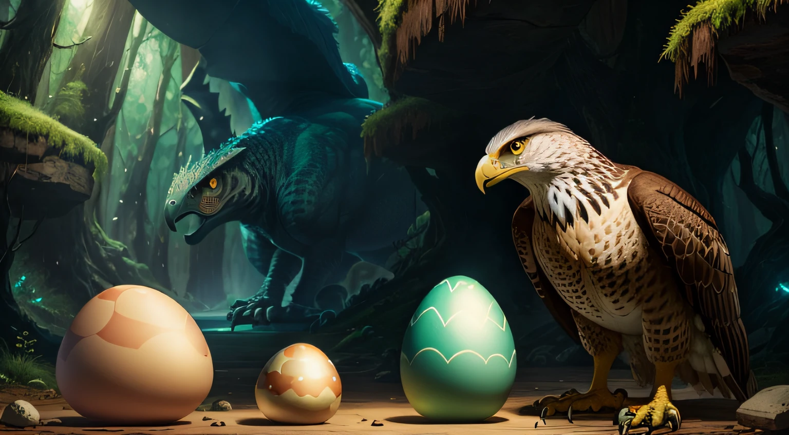 Goshawks specialize in biting seamless dinosaur eggs,Egg big eagle small,fantasy,visual shock,Intentional realm