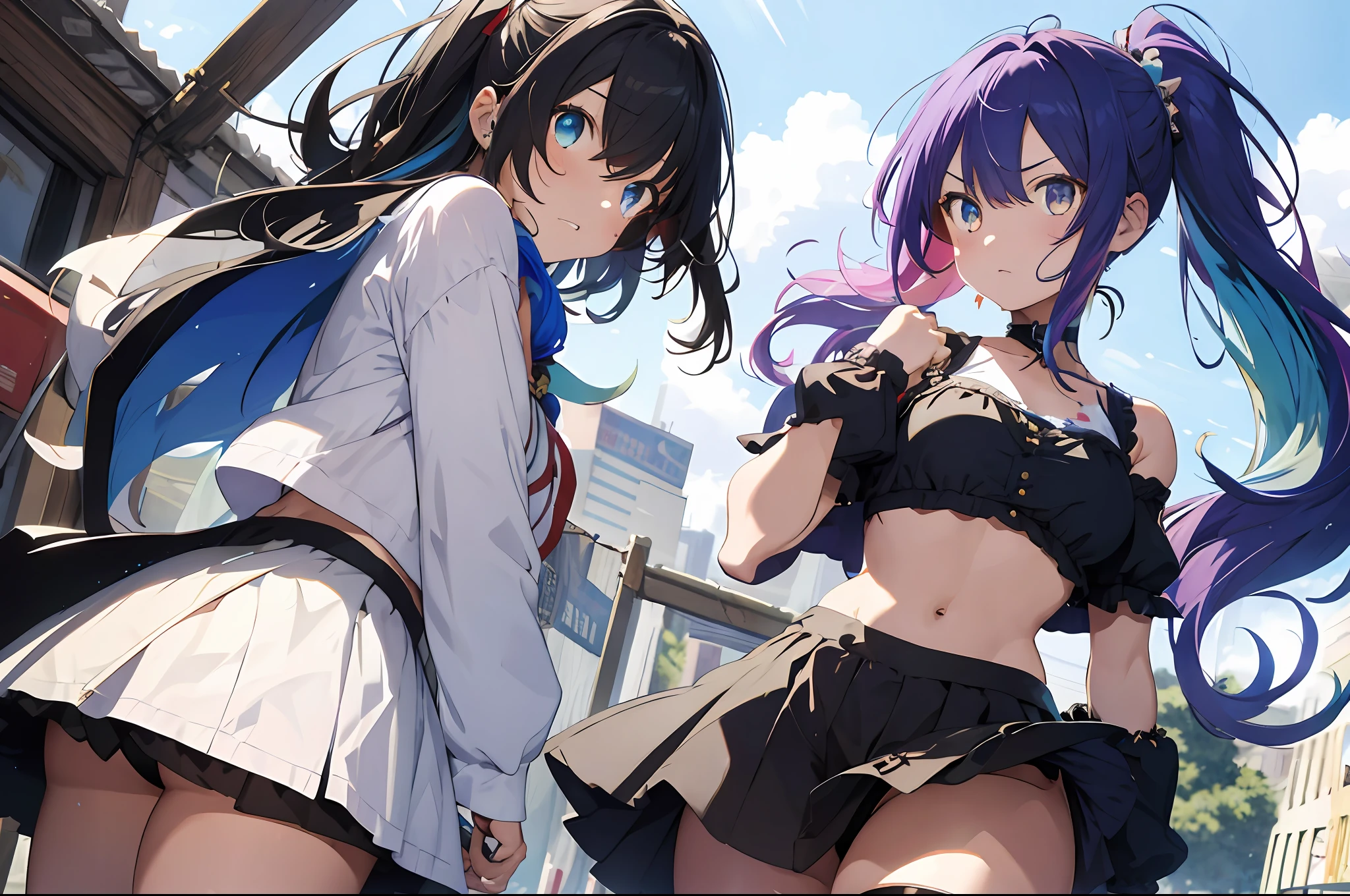 (masterpiece、top-quality:1.1), 2 Girl, Tattered clothes, Beautiful eyes of iridescent colors,punch , Angry look, Rainbow Hair Color, bangss, Ahoge, Fight even when battered、Puffy sleeves, croptop, thighs thighs thighs thighs, frombelow,