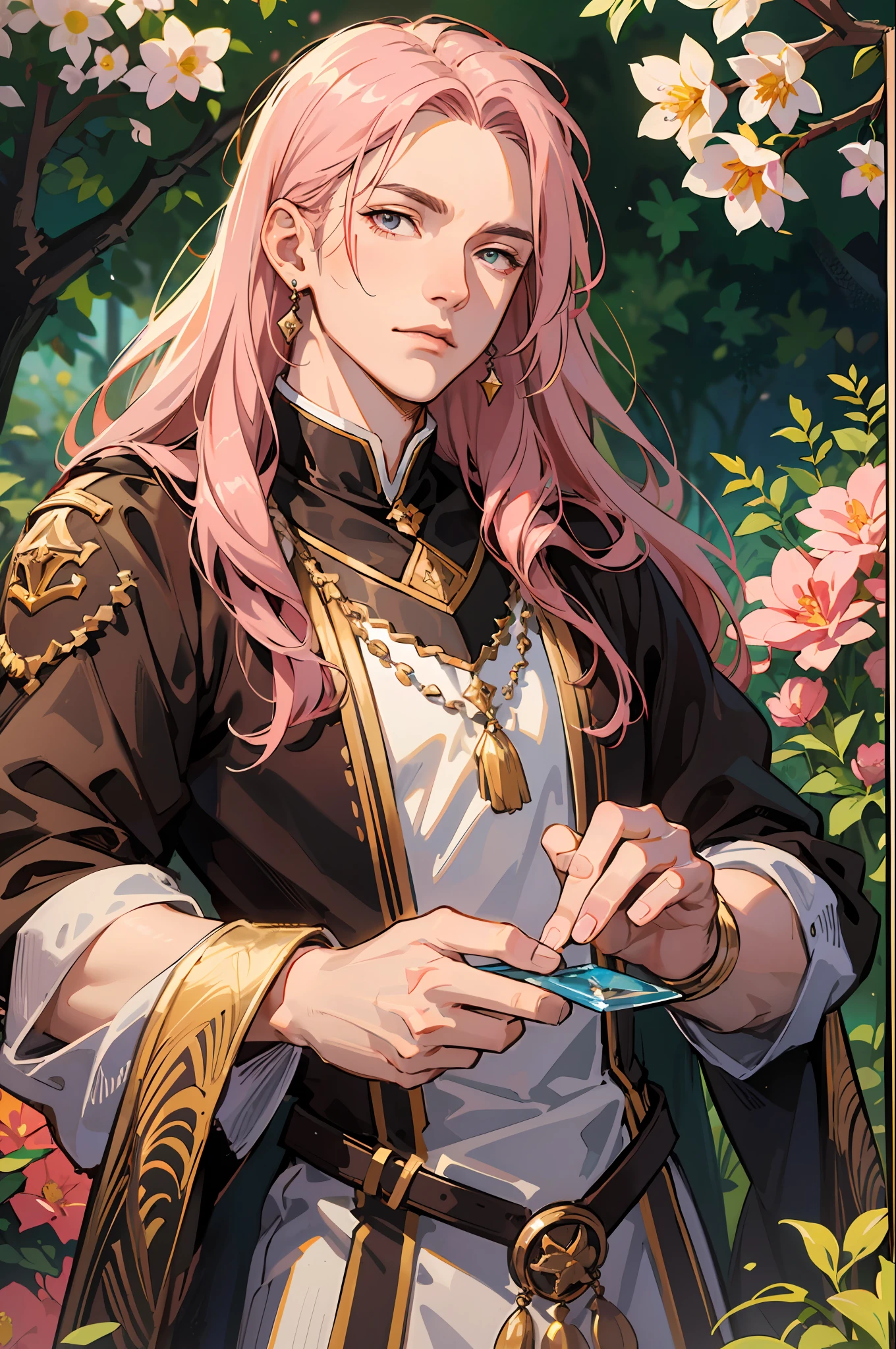 (absurdress, hight resolution, Ultra Detailed), 1 male, Adult, a handsome, tall muscular guy, wide shoulders, finely detailed eyes, extra very long hair, pink hair, Wavy Hair, Flowers, diamond, Jewelry, garden, woods, Portrait, (dutch angle), closed mouth