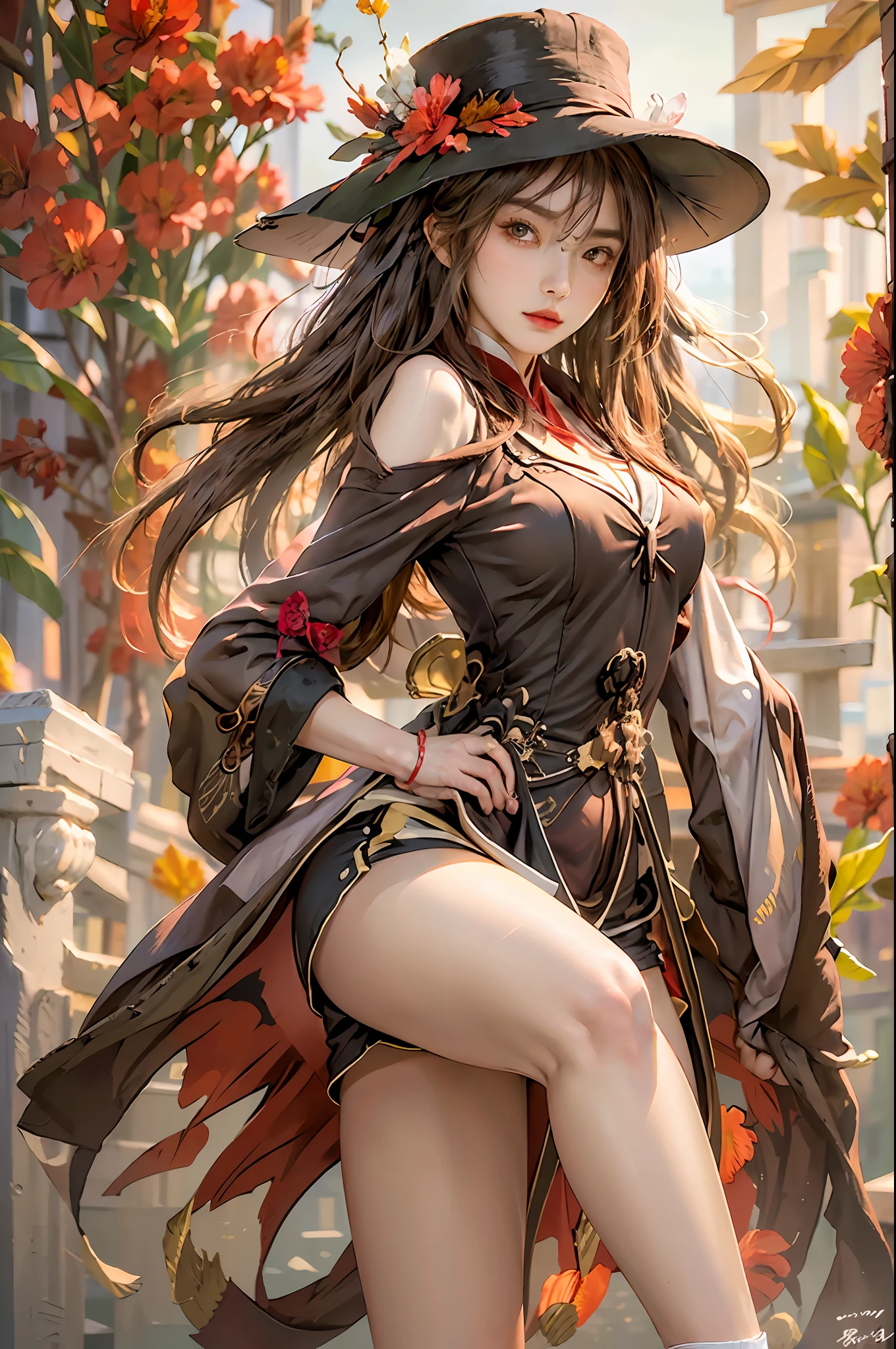 photorealistic, high resolution, 1 girl, hips up, long hair, beautiful eyes,hat_flower, top hat, brown_hair, closed_mouth, hibiscus, red_rose, spider_lily, bangs, brown dress coat, shorts, thick thighs, hu tao \(genshin impact\