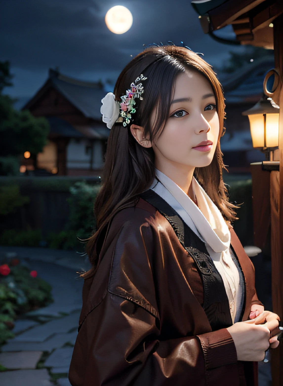 1girl in, (waist shot), bblurry, blurry_background, brown_eyes, brown_hair, depth_of_field, 耳Nipple Ring, florals, full_moon, hair_flower, hair_ornament, s lips, looking_at_viewer, a moon, rays of moonlight, natta, night_sky, plein air, red_flower, red_moon, Skysky, 独奏