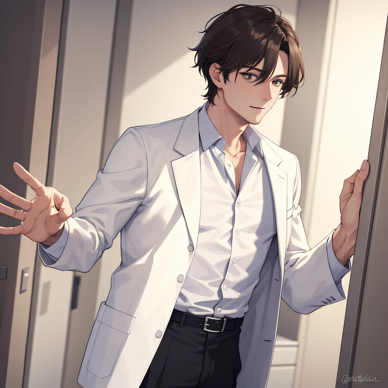 1 man, masterpiece, 8K, sexy, doctor, open white shirt,amorous play, NSFW