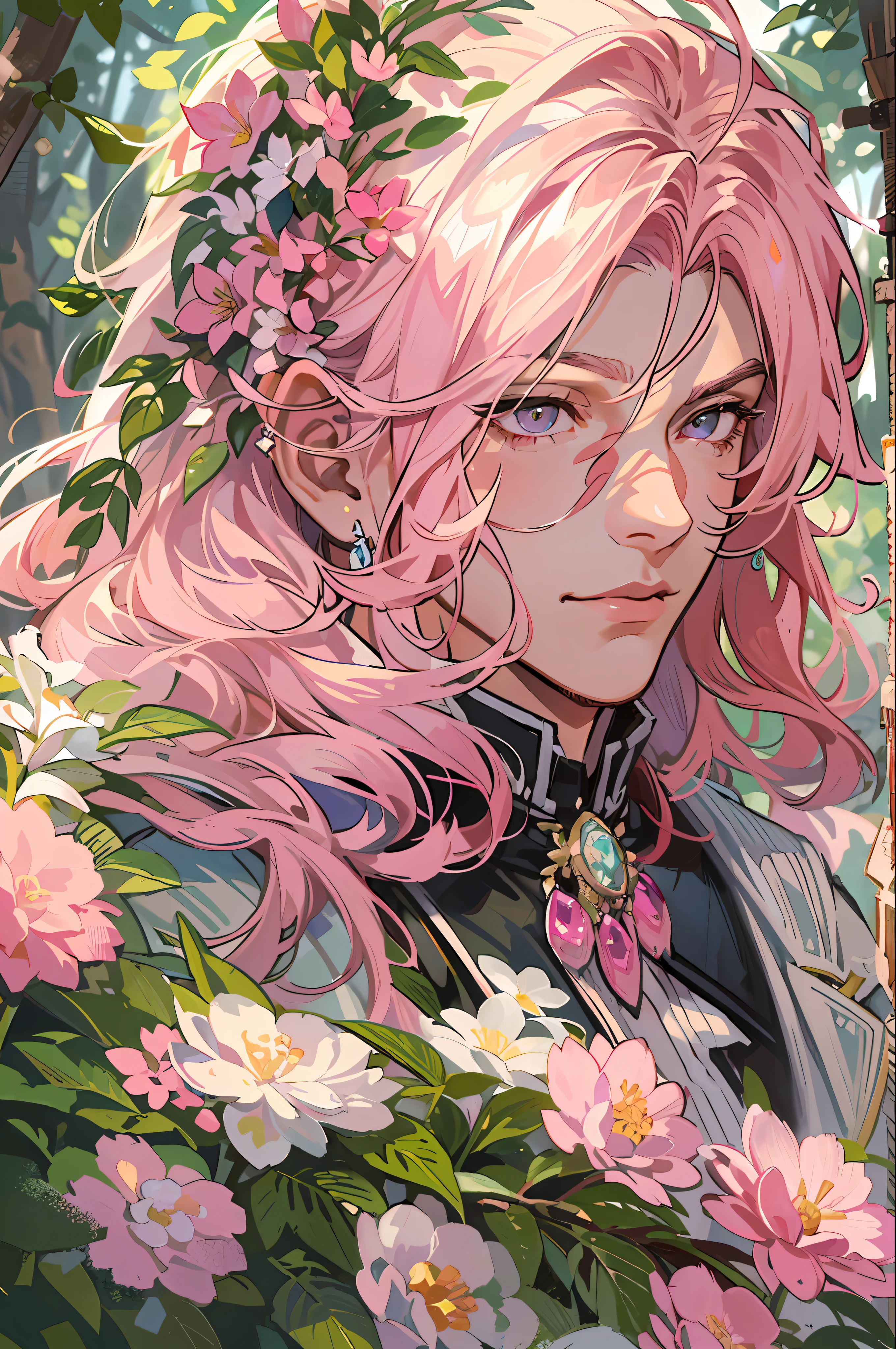 (absurdres, highres, ultra detailed), 1 male, adult, handsome, tall muscular guy, broad shoulders, finely detailed eyes, very long hair, pink hair, wavy hair, flowers, diamond, jewelry, garden, forest, portrait, (dutch angle), closed mouth