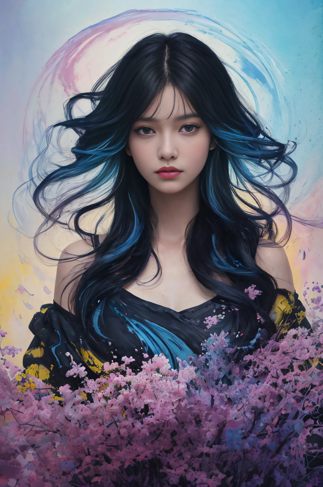 Colorful beautiful girl: a giru 8-, messy hair, oil painting, nice perfect face with soft skinice perfect face, blue yellow colors, light purple and violet additions, light red additions, intricate detail, splash screen, 8k resolution, masterpiece, cute face,artstation digital painting smooth veryBlack ink flow: 8k resolution photorealistic masterpiece: intricately detailed fluid gouache painting: by Jean Baptiste Mongue: calligraphy: acrylic: watercolor art, professional photography, natural lighting, volumetric lighting maximalist photoillustration: by marton bobzert:, complex, elegant, expansive, fantastical,  wavy hair, vibrant