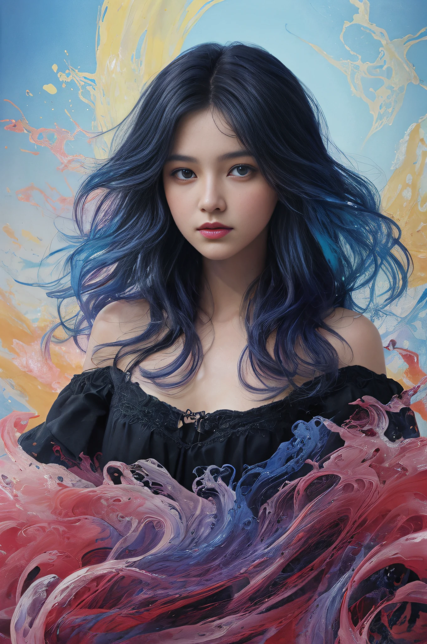 Colorful beautiful girl: a giru 8-years old, messy hair, oil painting, nice perfect face with soft skinice perfect face, blue yellow colors, light purple and violet additions, light red additions, intricate detail, splash screen, 8k resolution, masterpiece, cute face,artstation digital painting smooth veryBlack ink flow: 8k resolution photorealistic masterpiece: intricately detailed fluid gouache painting: by Jean Baptiste Mongue: calligraphy: acrylic: watercolor art, professional photography, natural lighting, volumetric lighting maximalist photoillustration: by marton bobzert:, complex, elegant, expansive, fantastical,  wavy hair, vibrant