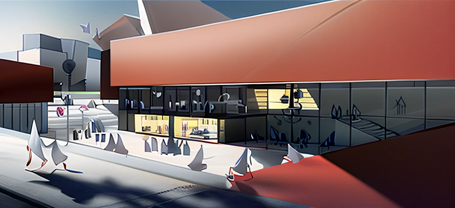 illustration of a drawing of a building with a lot of red umbrellas, artistic impression, concept drawing, artists impression, concept illustration, ground - level view, ground-level view, conceptual rendering, from street level, ground level view, artist impression, architectural illustration, colorful architectural drawing, rendering of beauty pageant, view from ground level, perspective view, stylised illustration