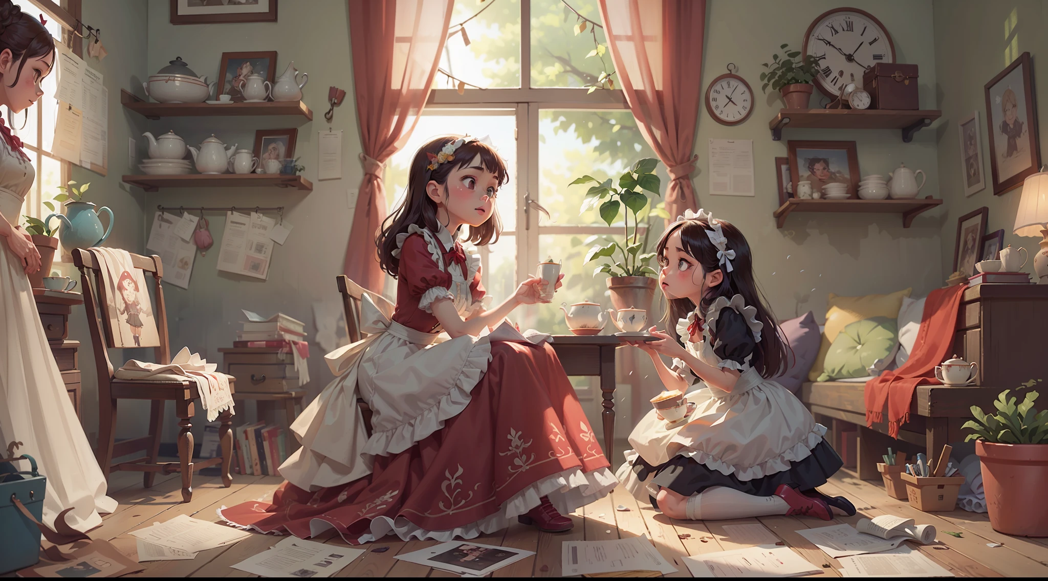 Blurred edge lines, dim colors, A full-body photo of a person, A person's visual focus, Old and eerie annex，littleredridinghood，Porcelain maid，Two women，Girls' tea party，Correct anatomy, Optimize the structure of the human body, Clothing details, Ark of Tomorrow character design, Detail art, Masterpiece, High quality, high resolution, Detailed key animation art, best animation, 8K
