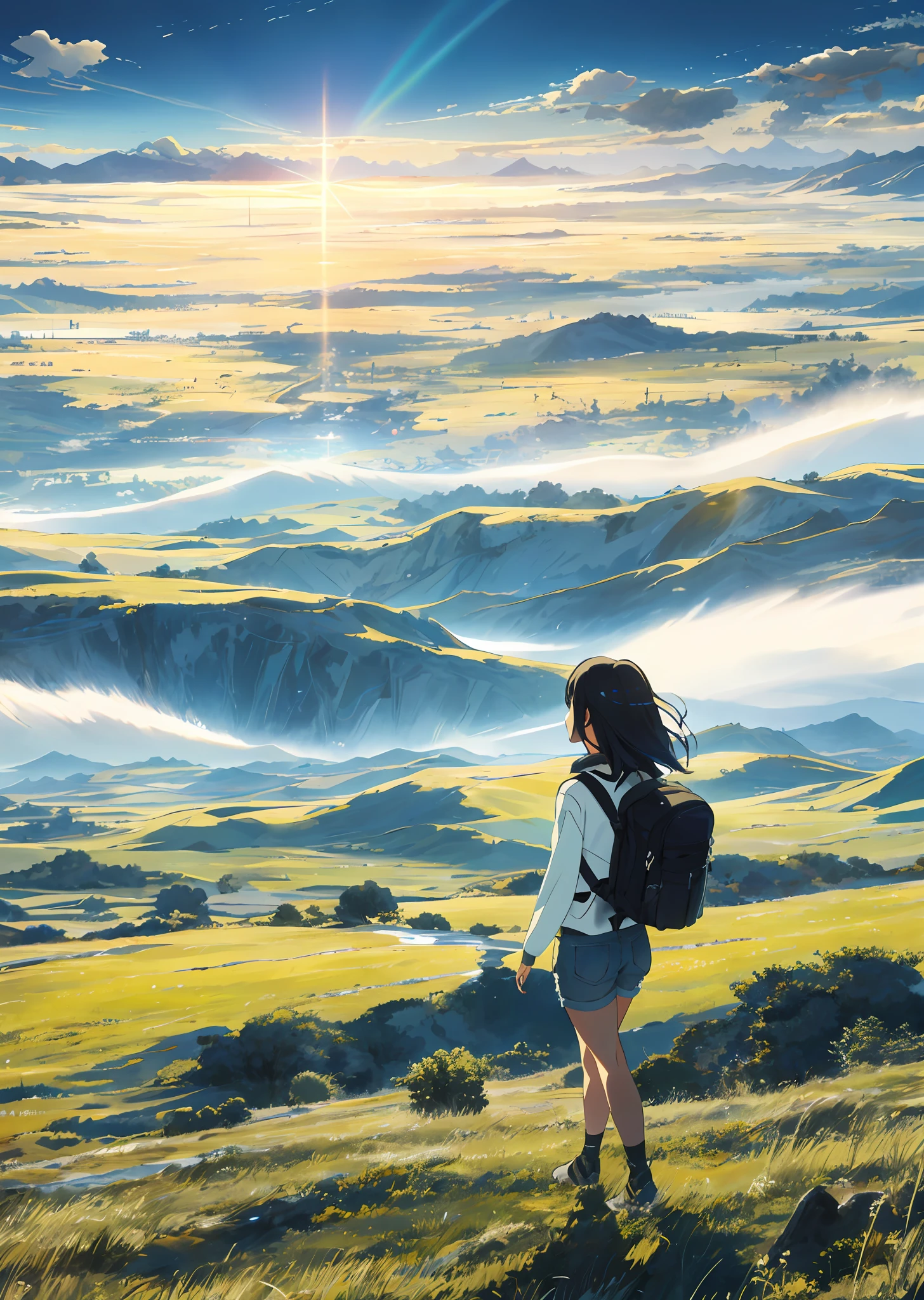 A young girl,The vast sky,the beautiful skyline,Large grasslands,Intense and dramatic imagery,the moving visual effects,the high-hanging Polaris,Colorful natural light。A long-sleeved top,denim short,A girl carrying a backpack。