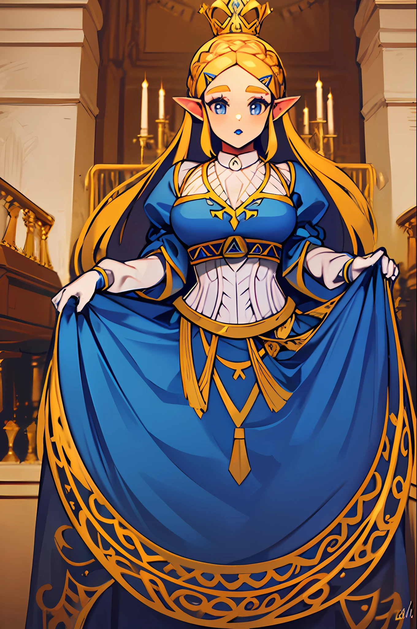 Queen in a royal blue dress standing in a Castle Hall, queen zelda, zelda botw, breath of the wild art style, zelda style art, zelda, princess zelda, botw style, zelda with triforce, from legend of zelda, botw, breath of the wild style, zelda breath of the wild, wearing crown, heavy blue lipstick, large wide Queen Dress, Tapered Dress with corset, Large Banquet Dress, Queen fancy Makeup, large fancy wide-cuff gloves, white cuff gloves with gold trim, queen crown, wide tall queen crown