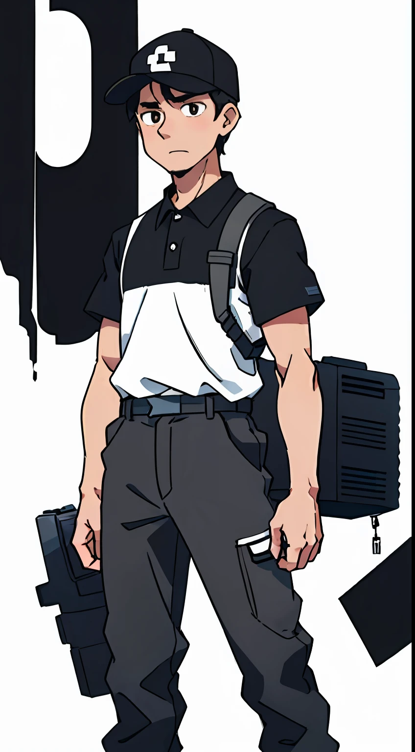 (best-quality:0.8), broken introspective perfect anime illustration, Security Guard, Aged 30, old man, Caucasian, Has black hair, wearing a security guard cap, Wearing generic outfit, brown eyes, slim build, simple colors, white background, waist-up shot, half body shot, high resolution, no props, neutral pose, front view, normal pose