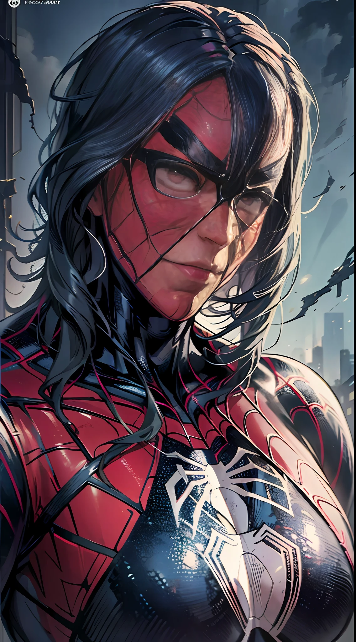 spider man, organic-looking outfit, gooey testura, symbiote, white eyes, fine art, cinematic scene, highly detailed detailed cinematic rendering, ultra photorealistic raytricing, with cinematic lighting