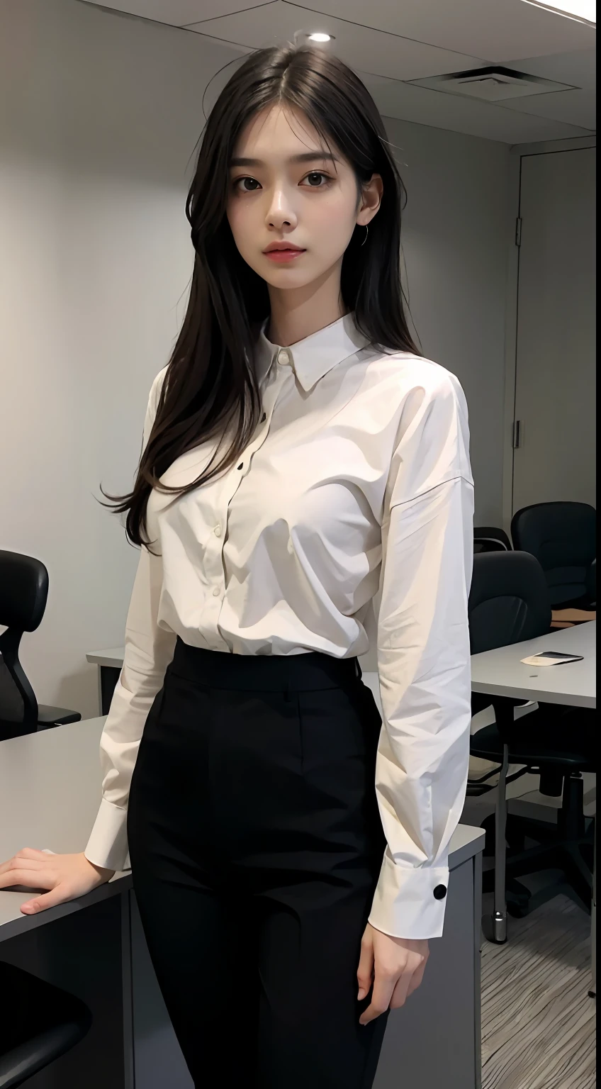 A tall girl with hair,Delicate facial features,Slim and well-proportioned,Wear a white shirt and black pencil pants,Check your messages at your desk,A handsome side face appears between the hairs。