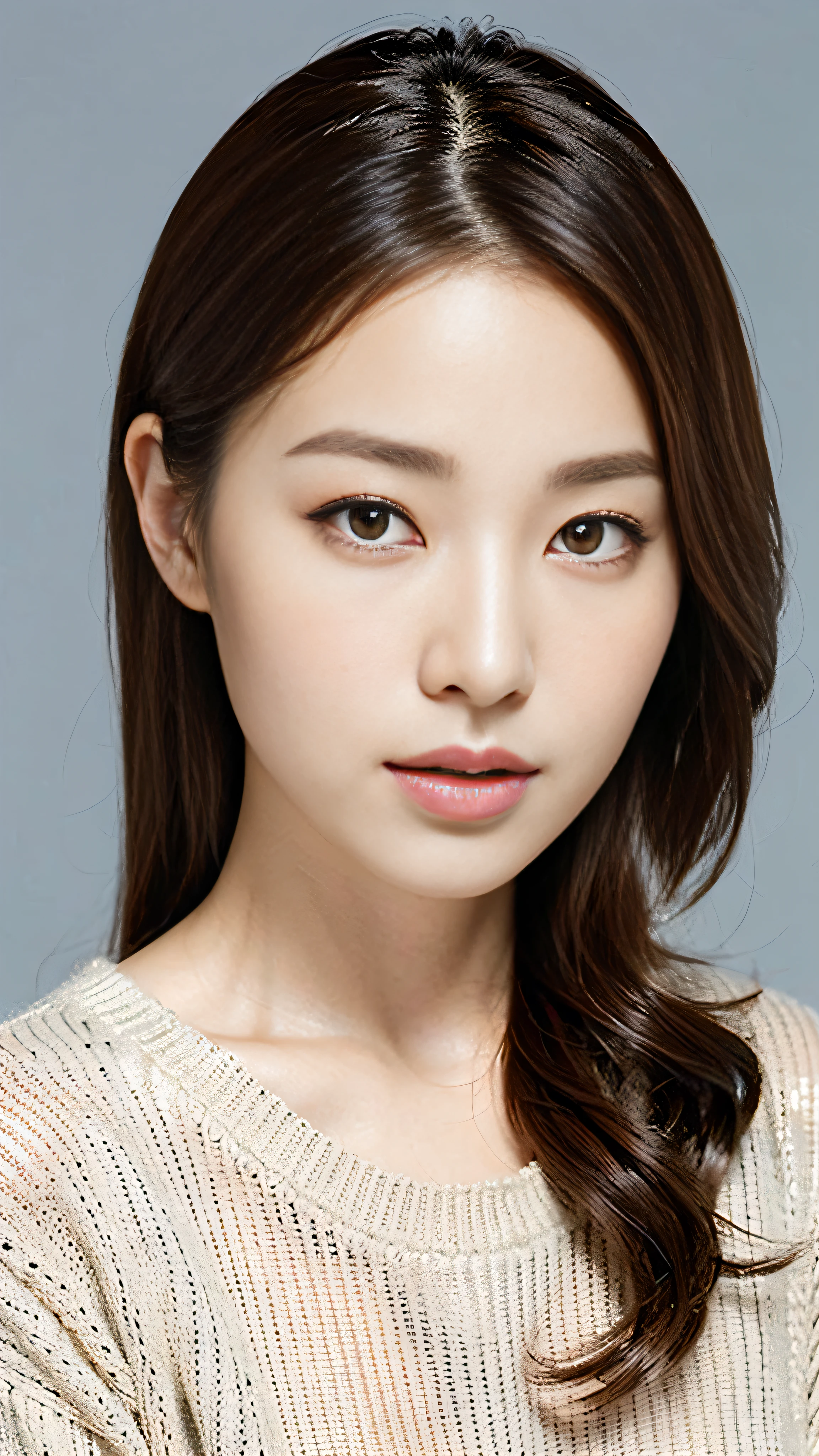 (Best Quality, 8k, Masterpiece: 1.2), Japan Beauties, Big Breasts, Brown Hair, Upper Body, Face Focus, Sweater, Simple Background, Watching Viewer, Adult Face