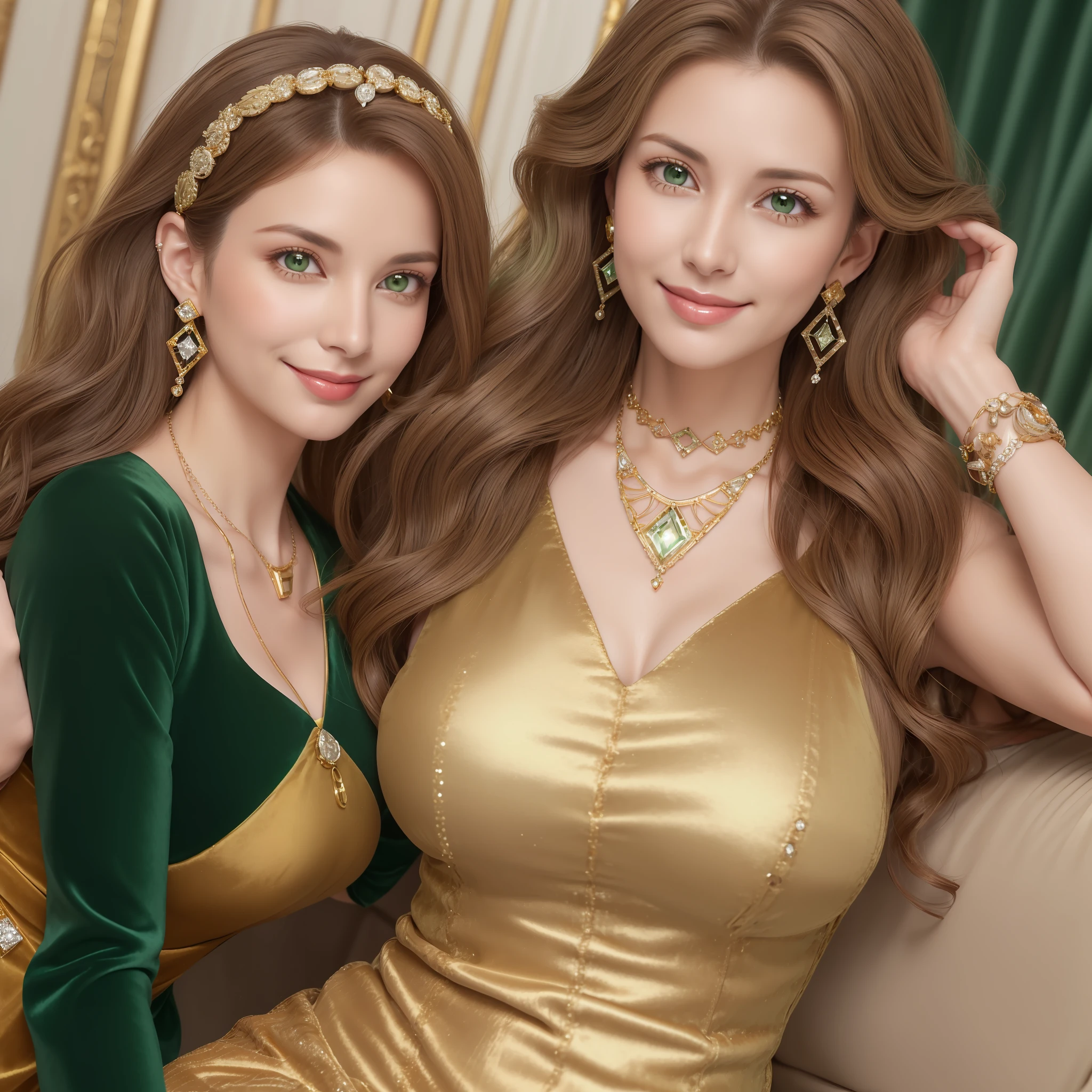 Female ((30-years old) ), hair ((Light brown, long, Wavy)), Eyes ((Smart Eyes, hazelnut)),Dress ((velvet, brown, Green)), Accessories ((Diamond necklace, Gold Bracelet, Diamond earrings, hair clips)), huge-ed, huge tit, oi, Smile, Classic House, livingroom,