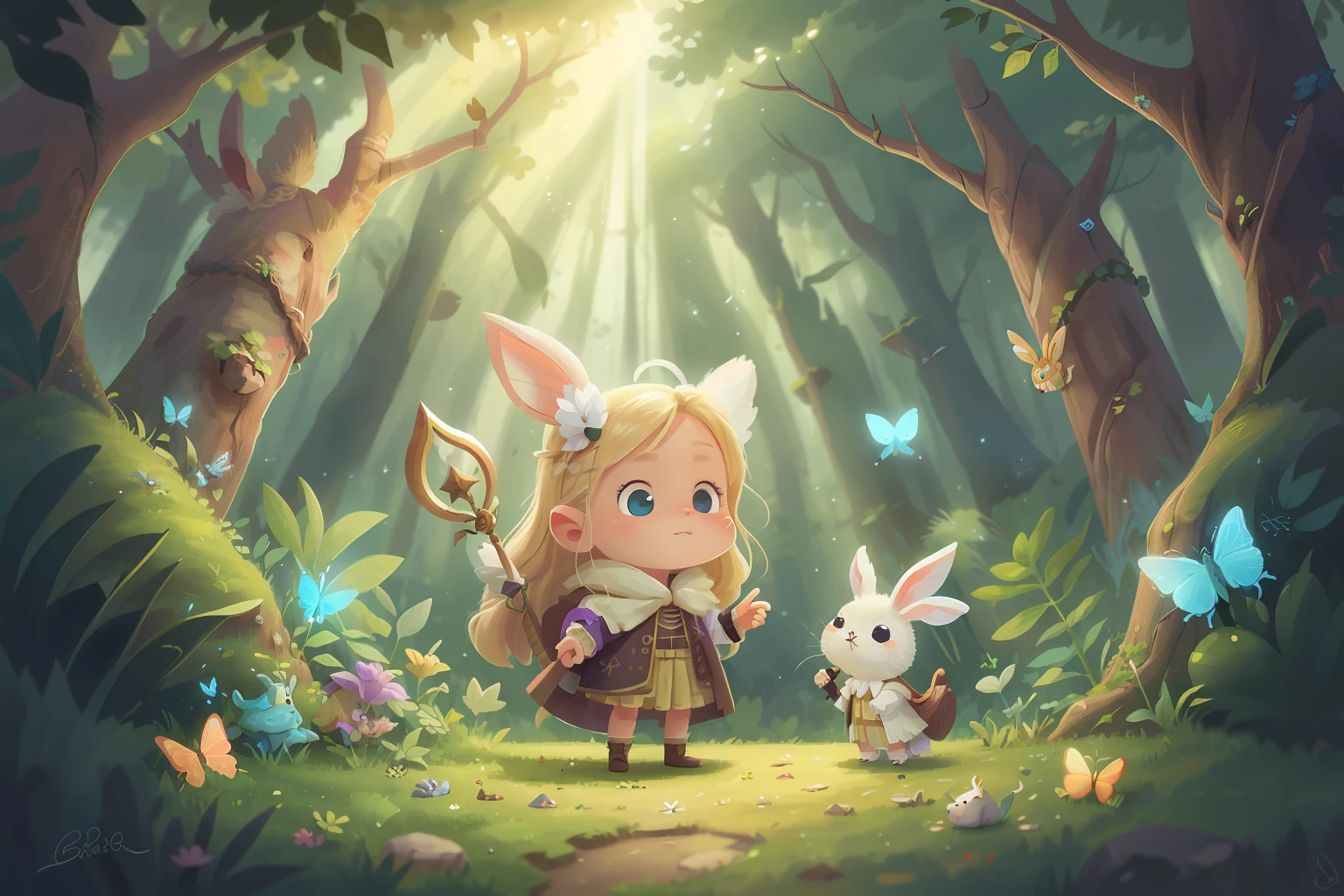 A small white rabbit,A fairy with a magic wand,Long blonde hair,magnificent robe,A beautiful and magical forest,A hidden secret garden,Colorful butterflies,A waterfall,A rainbow,Perfect quality,Clear focus(Clutter - home:0.8), (tmasterpiece:1.2) (realisticlying:1.2) (bokeh) (best qualtiy) (detailedskin:1.3) (complexdetails) (8K) (detailedeyes) (Sharp focus),(having fun)