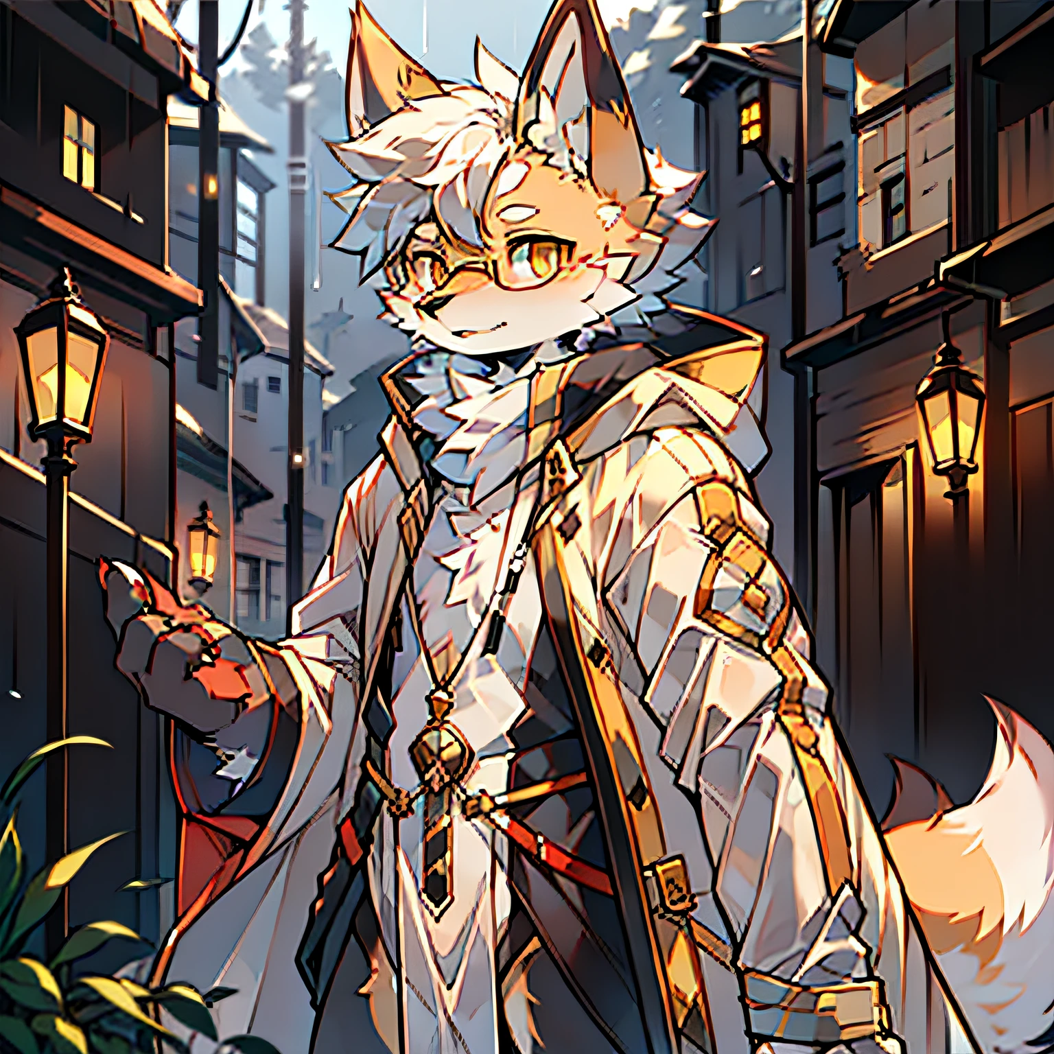 solo person,shaggy male,Furry,red fox,Fox,canid,Pale yellow fur,Gold eyes,Black ears,Long ears,Wearing white-framed glasses,White transparent raincoat,adventurer,rainy days