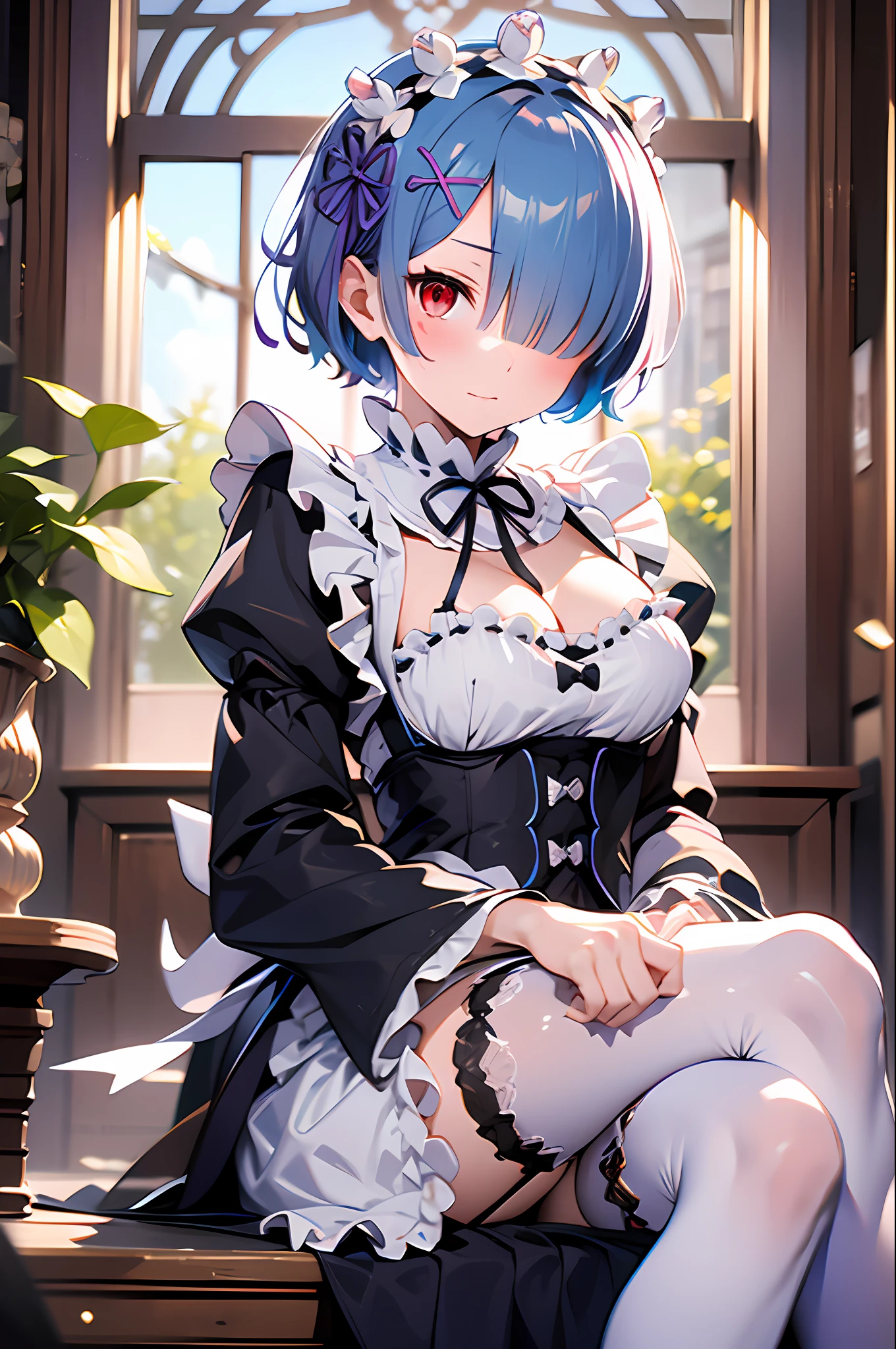 masterpiece, best quality, highres, ram1, 1girl, solo, rem \(re:zero\), blue hair, white thighhighs, short hair, red eyes, hair over one eye, ribbon trim, hair ribbon, x hair ornament, frills, maid headdress, waist apron, garter straps, black ribbon, medium breasts, cleavage, long sleeves, white apron, neck ribbon, purple ribbon, wide sleeves, hair flower, indoors, sitting, crossed legs,