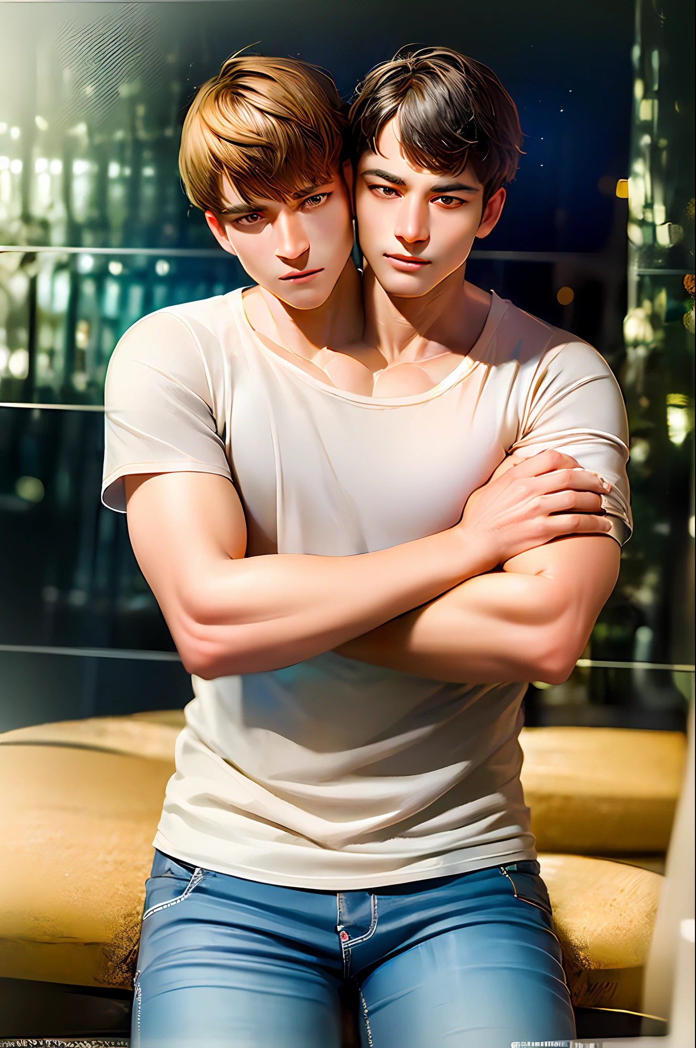 (((2heads))),(masterpiece, best quality:1.2), cowboy shot, solo, male focus, 1boy, twilight \(spy x family\), expressionless, closed mouth, looking at viewer, crossed arms, short blonde hair, white t-shirt, jeans, indoor,s living room